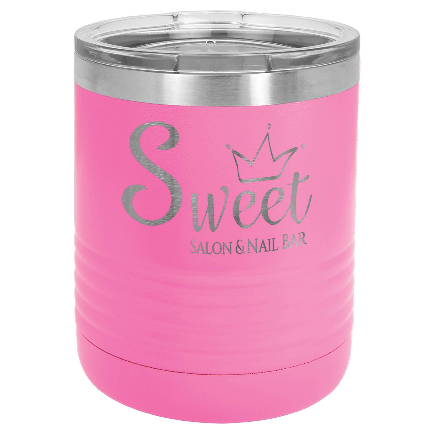 Pink 10 oz. stainless steel ringneck tumbler with clear lid and "Sweet Salon & Nail Bar" engraving.