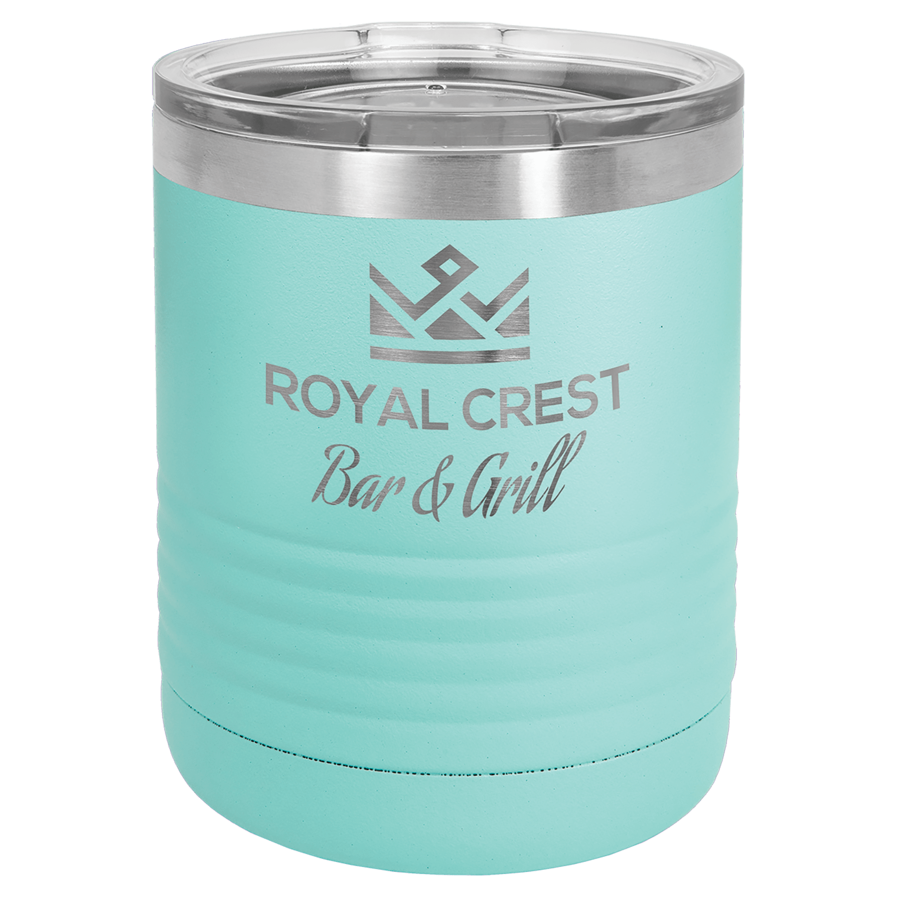 Aqua 10 oz. stainless steel vacuum insulated ringneck tumbler with clear lid and "Royal Crest Bar & Grill" logo.