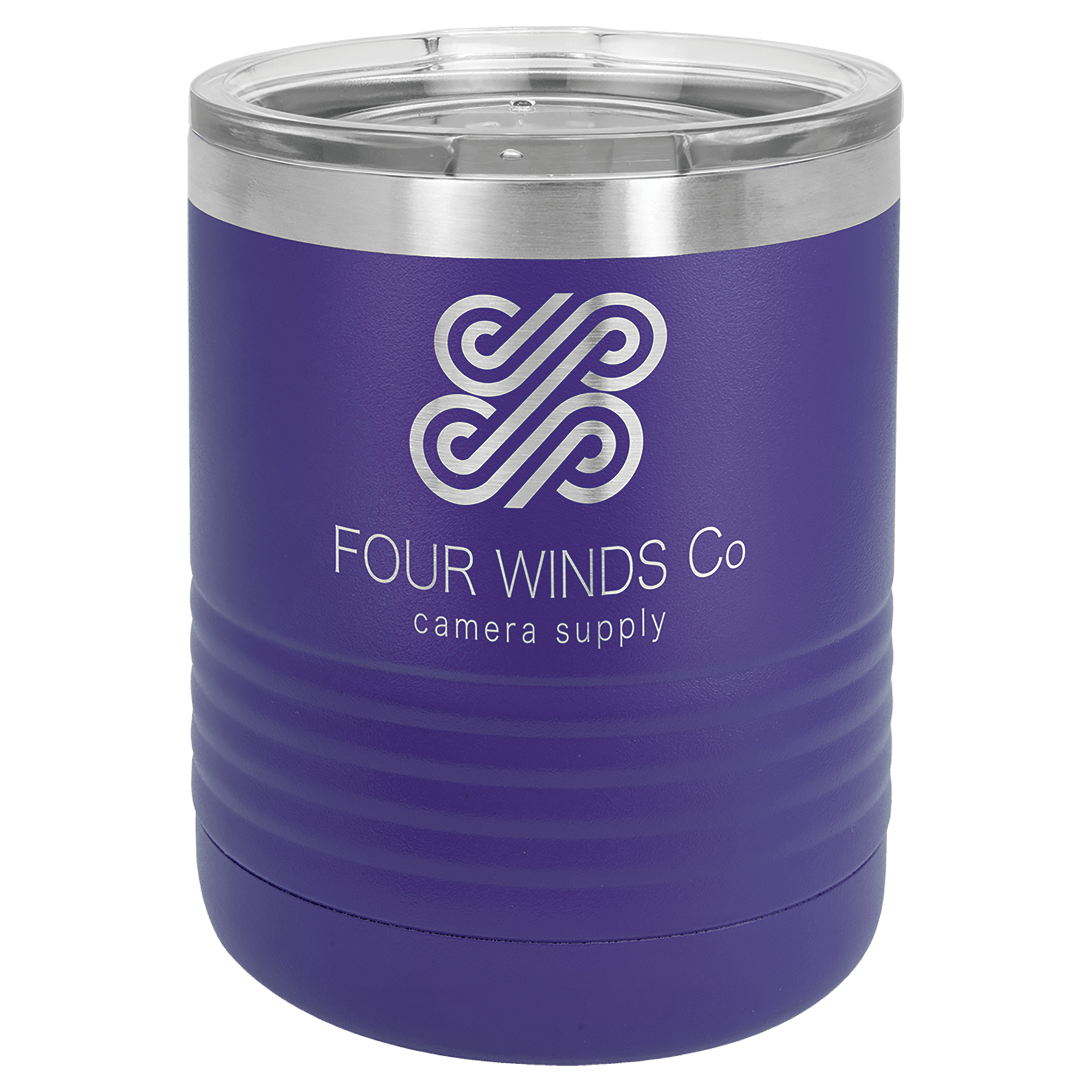 Purple 10 oz. stainless steel ringneck tumbler with clear lid and custom logo.