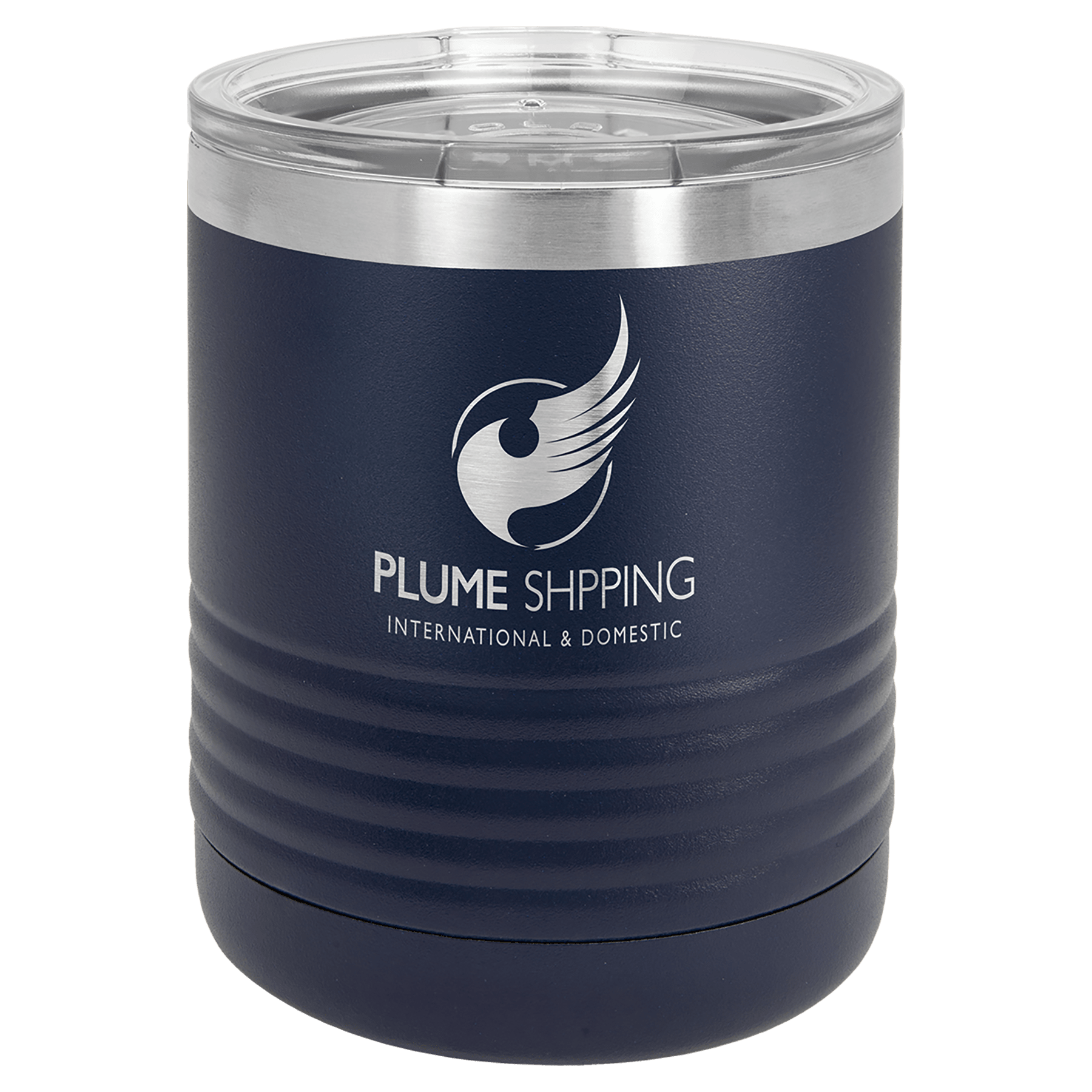 Navy 10 oz. stainless steel ringneck tumbler with clear lid and "Plume Shipping" logo.