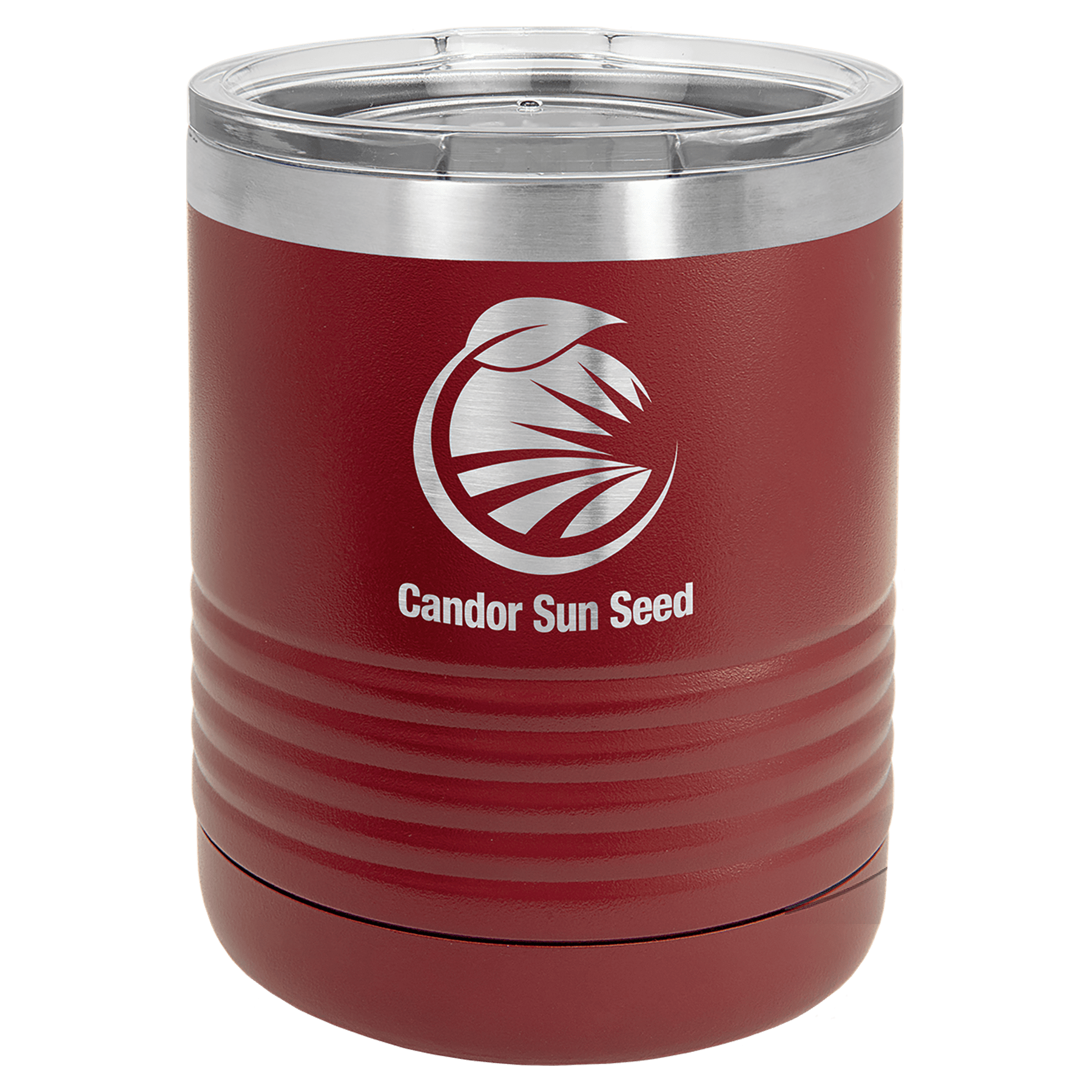 Red 10 oz. stainless steel ringneck tumbler with clear lid and "Candor Sun Seed" logo.
