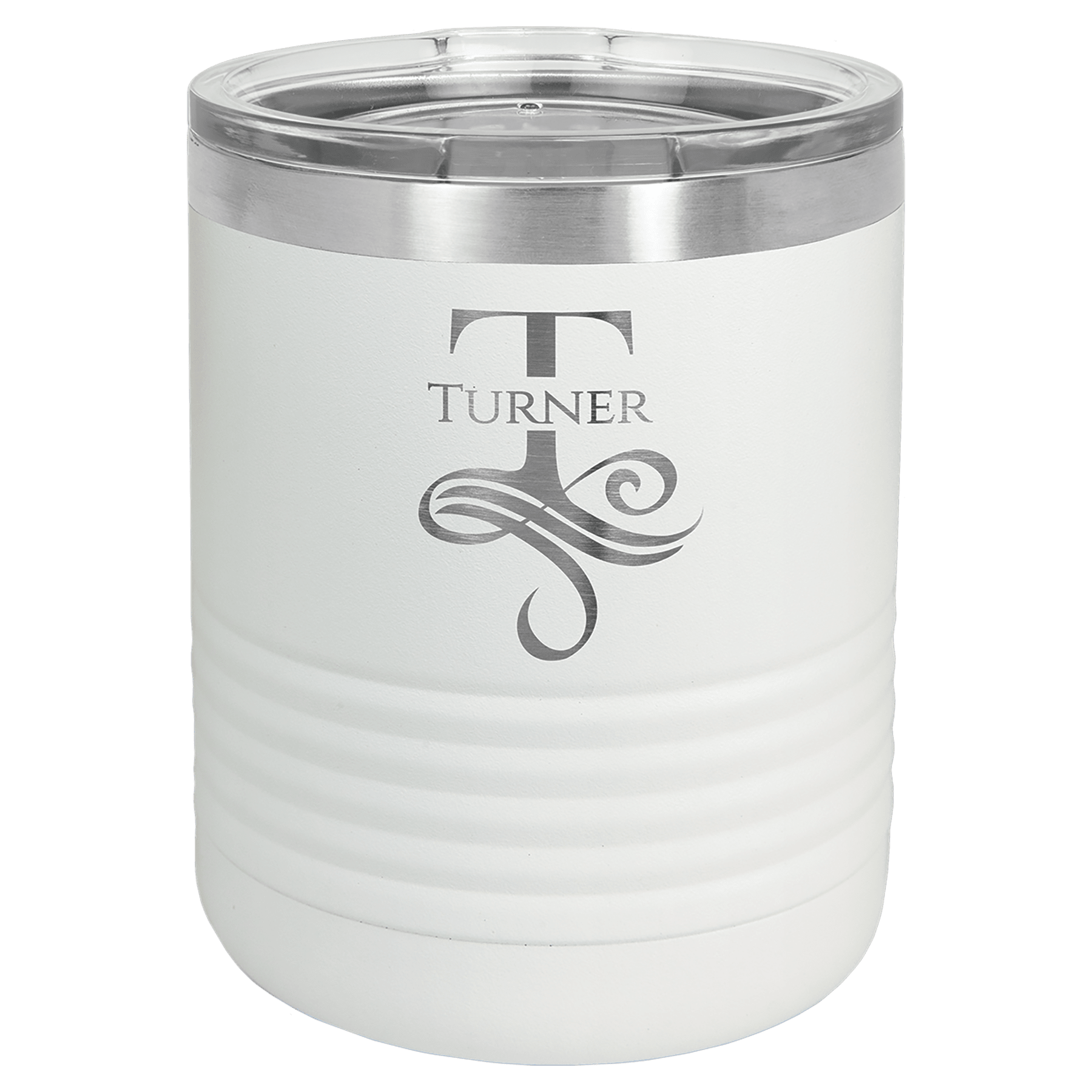 White 10 oz. stainless steel vacuum insulated ringneck tumbler with clear lid and "Turner" engraving.