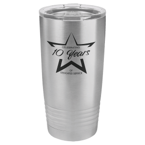 20 oz. stainless steel vacuum insulated tumbler with clear lid and "Celebrating 10 Years" star logo.