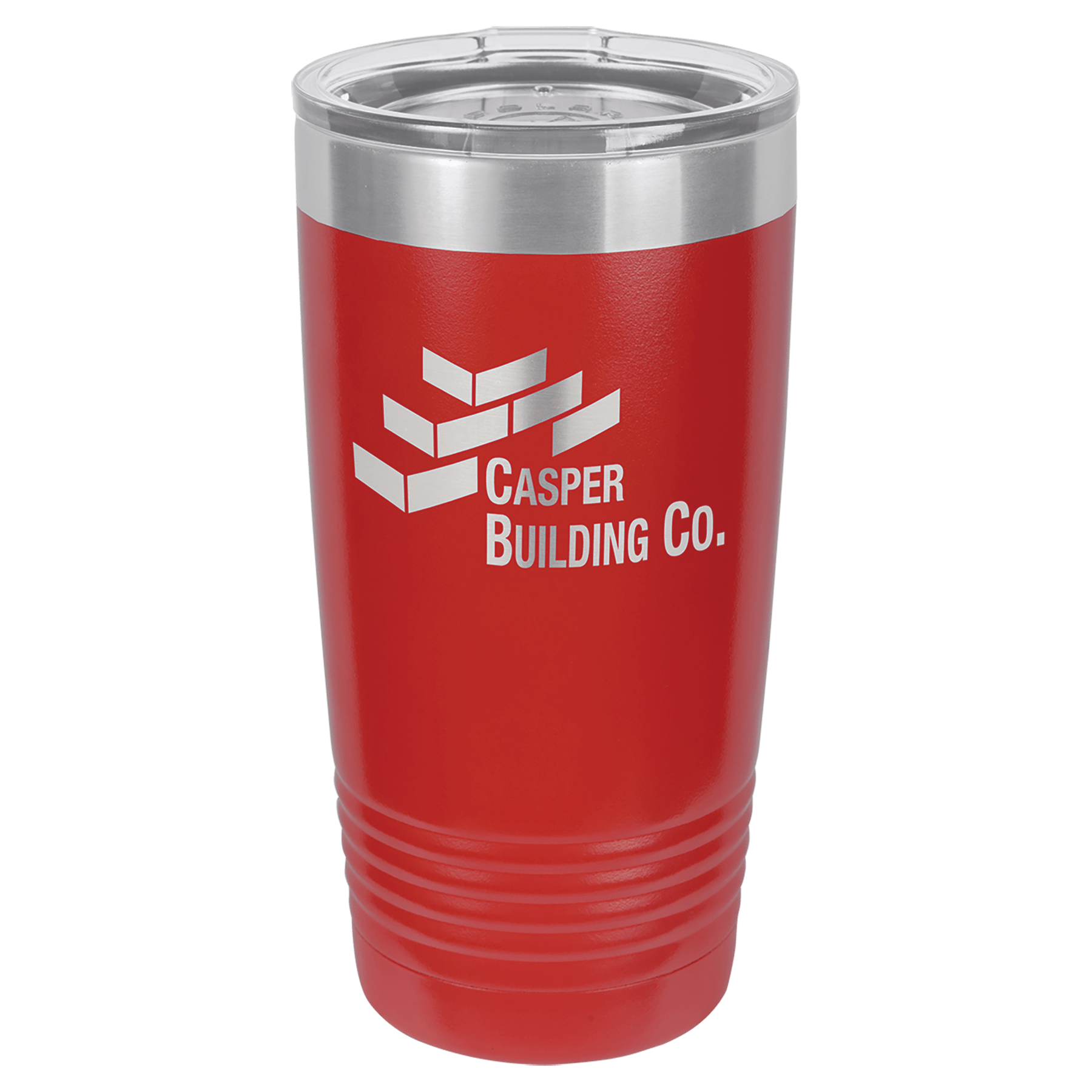 Red 20 oz. stainless steel vacuum insulated Ringneck Tumbler with clear lid and "Casper Building Co." logo.