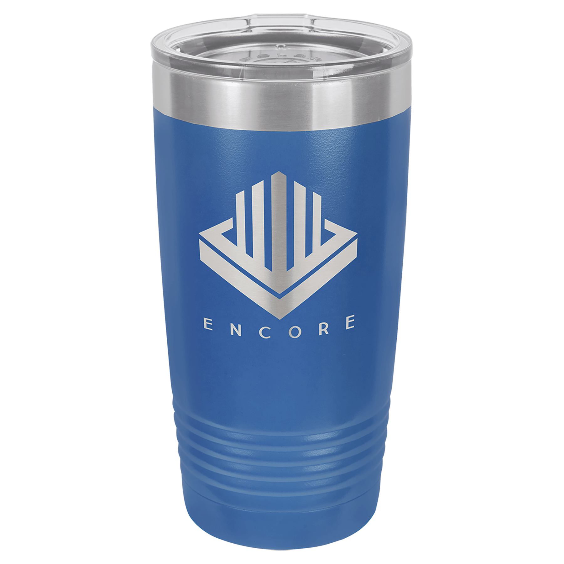 Blue 20 oz. stainless steel vacuum insulated Ringneck Tumbler with clear lid and "ENCORE" logo.