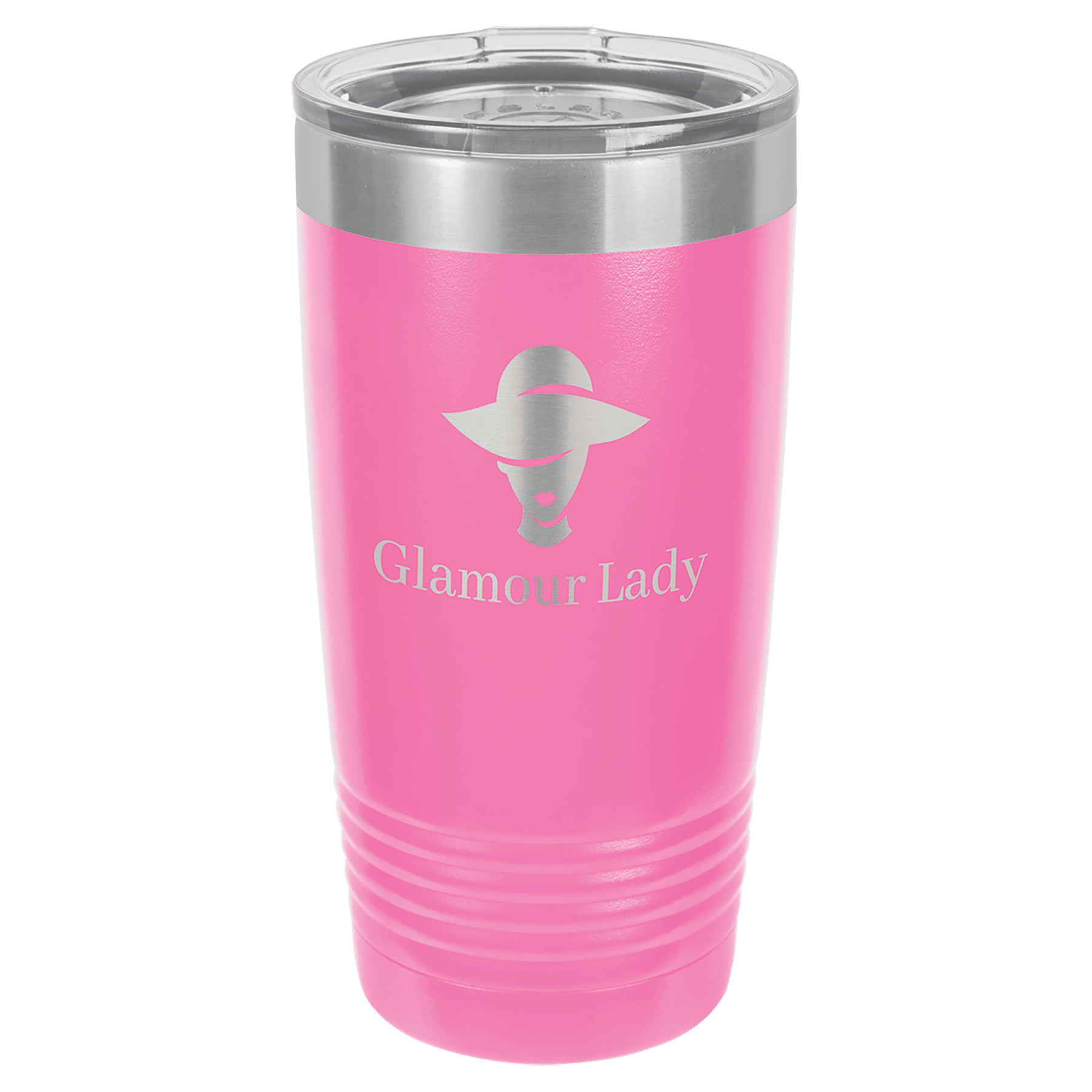 Pink 20 oz. stainless steel vacuum insulated Ringneck Tumbler with "Glamour Lady" design and clear lid.