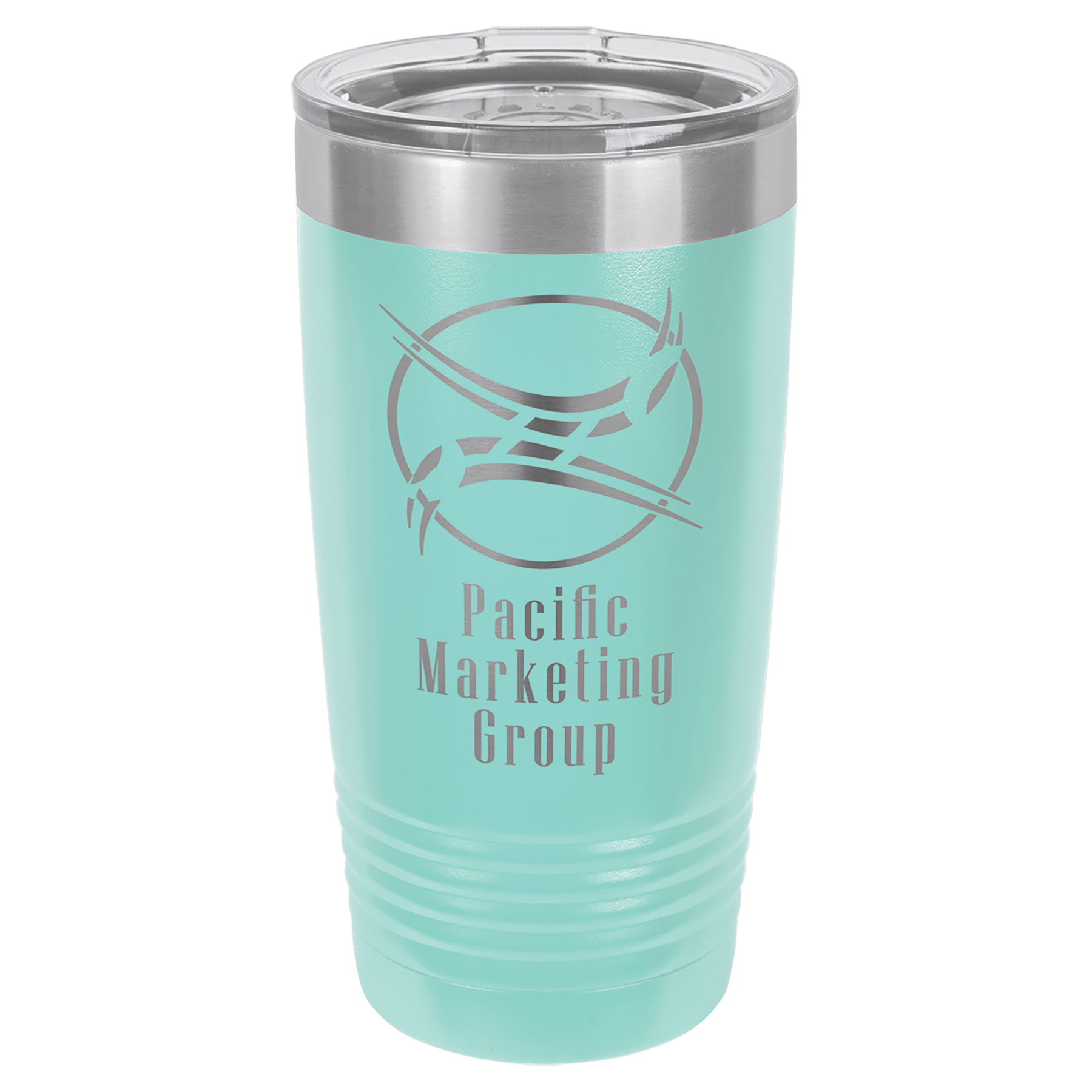 Mint green 20 oz. stainless steel vacuum insulated tumbler with clear lid and custom logo.