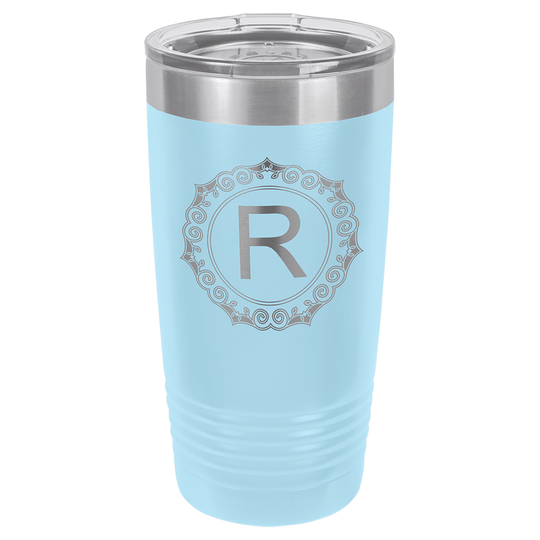 Light blue 20 oz. stainless steel vacuum insulated tumbler with clear lid and engraved "R" monogram.