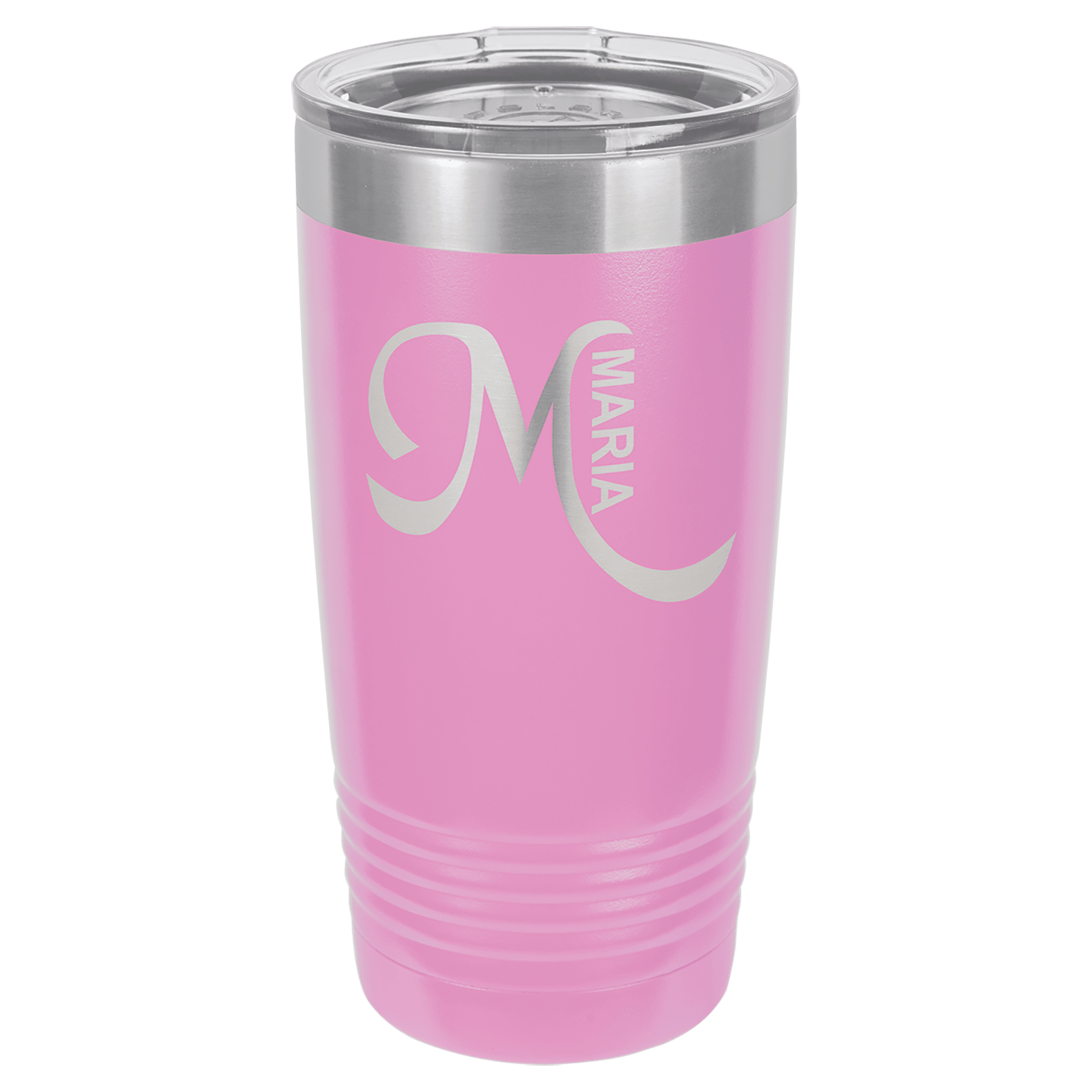 Pink 20 oz. stainless steel vacuum insulated tumbler with clear lid and "Maria" engraving.