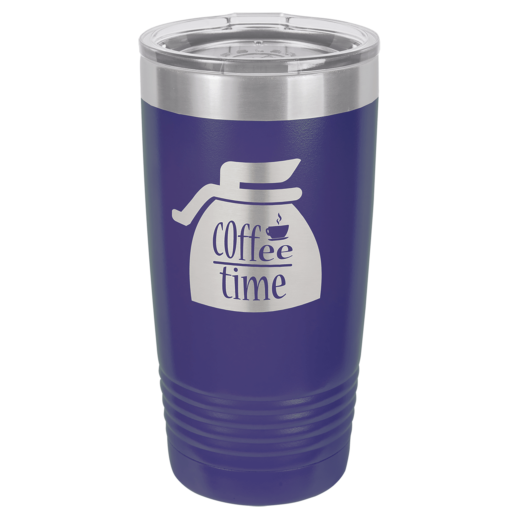 Purple 20 oz. stainless steel vacuum insulated Ringneck Tumbler with "Coffee time" design and clear lid.