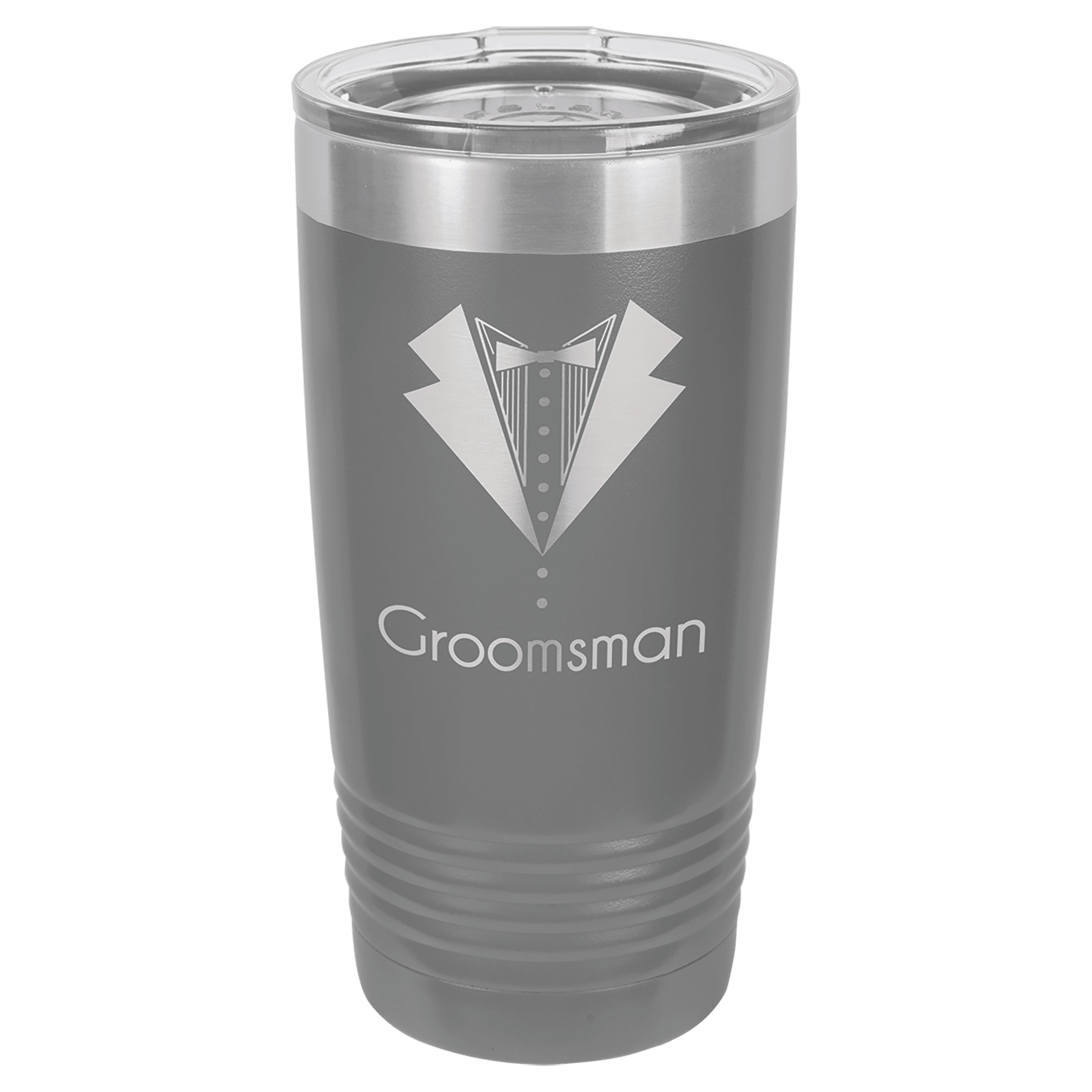 Gray 20 oz. stainless steel Ringneck Tumbler with a clear lid and "Groomsman" tuxedo design.