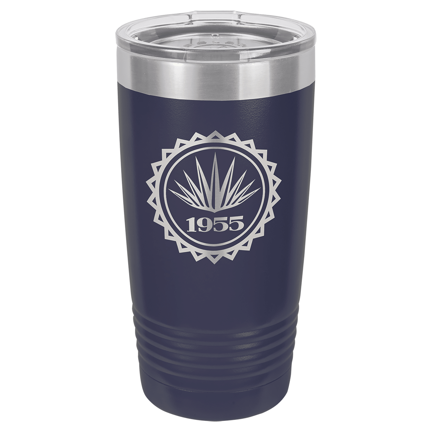 Navy 20 oz. stainless steel vacuum insulated Ringneck tumbler with clear lid and custom 1955 agave logo.