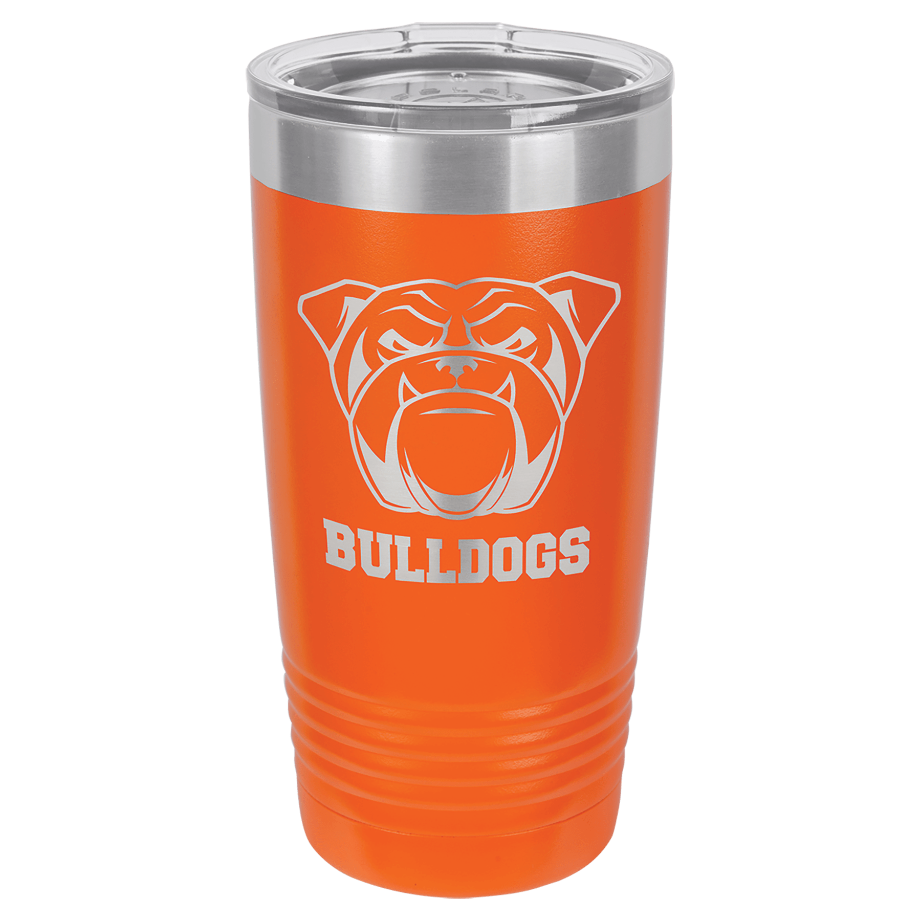 Orange 20 oz. stainless steel Ringneck Tumbler with Bulldogs logo and clear lid.