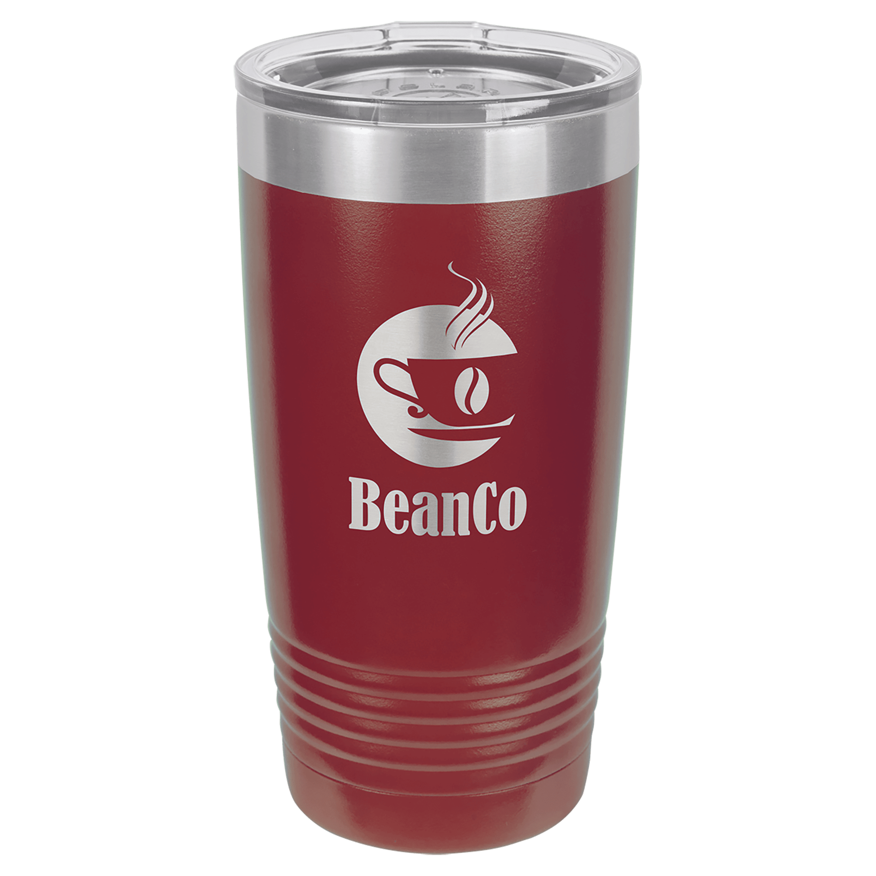 20 oz. maroon stainless steel vacuum insulated Ringneck Tumbler with clear lid and "BeanCo" logo.