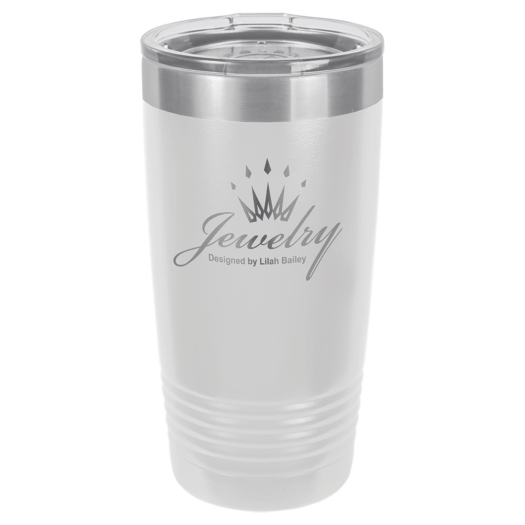 White 20 oz. stainless steel vacuum insulated Ringneck Tumbler with clear lid and "Jewelry" logo.