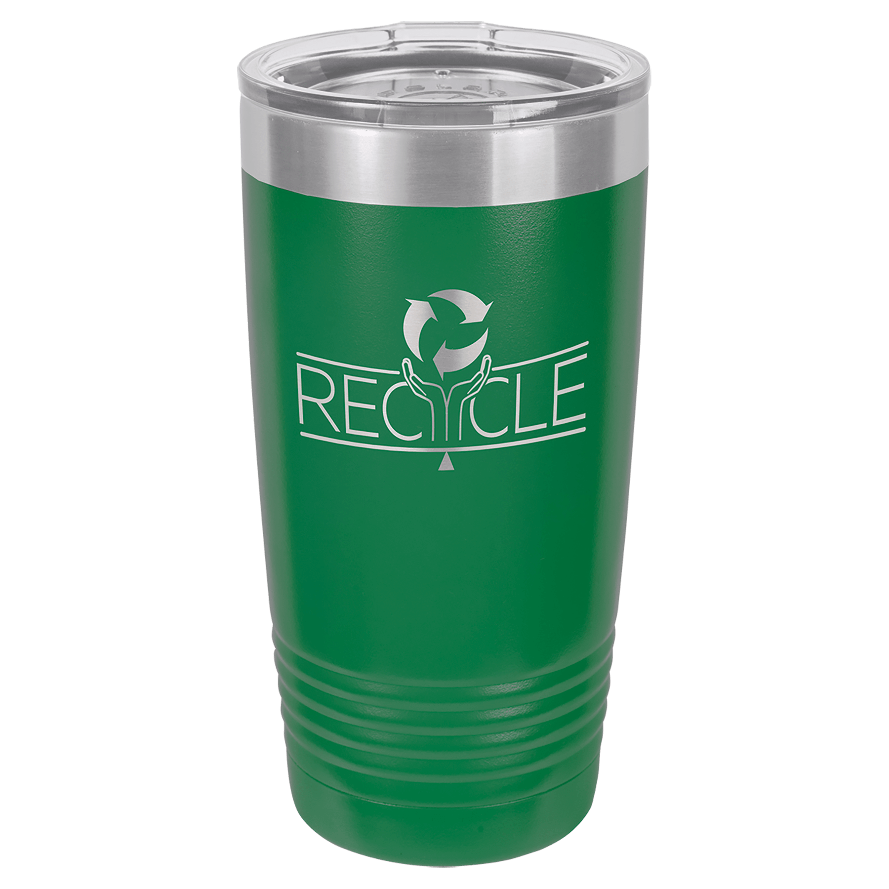 Green 20 oz. stainless steel vacuum insulated tumbler with clear lid and "RECYCLE" logo.