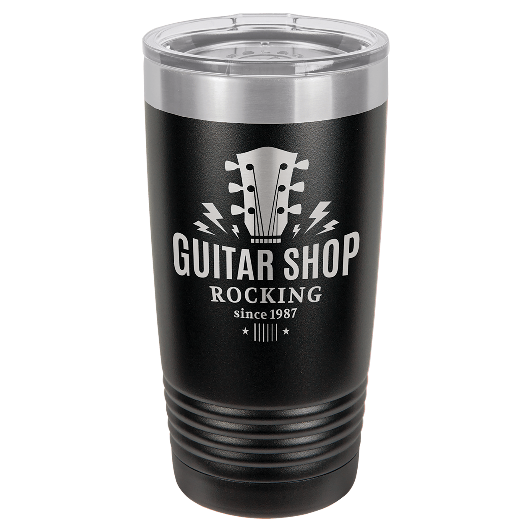 Black 20 oz. stainless steel vacuum insulated Ringneck Tumbler with "Guitar Shop" logo and clear lid.