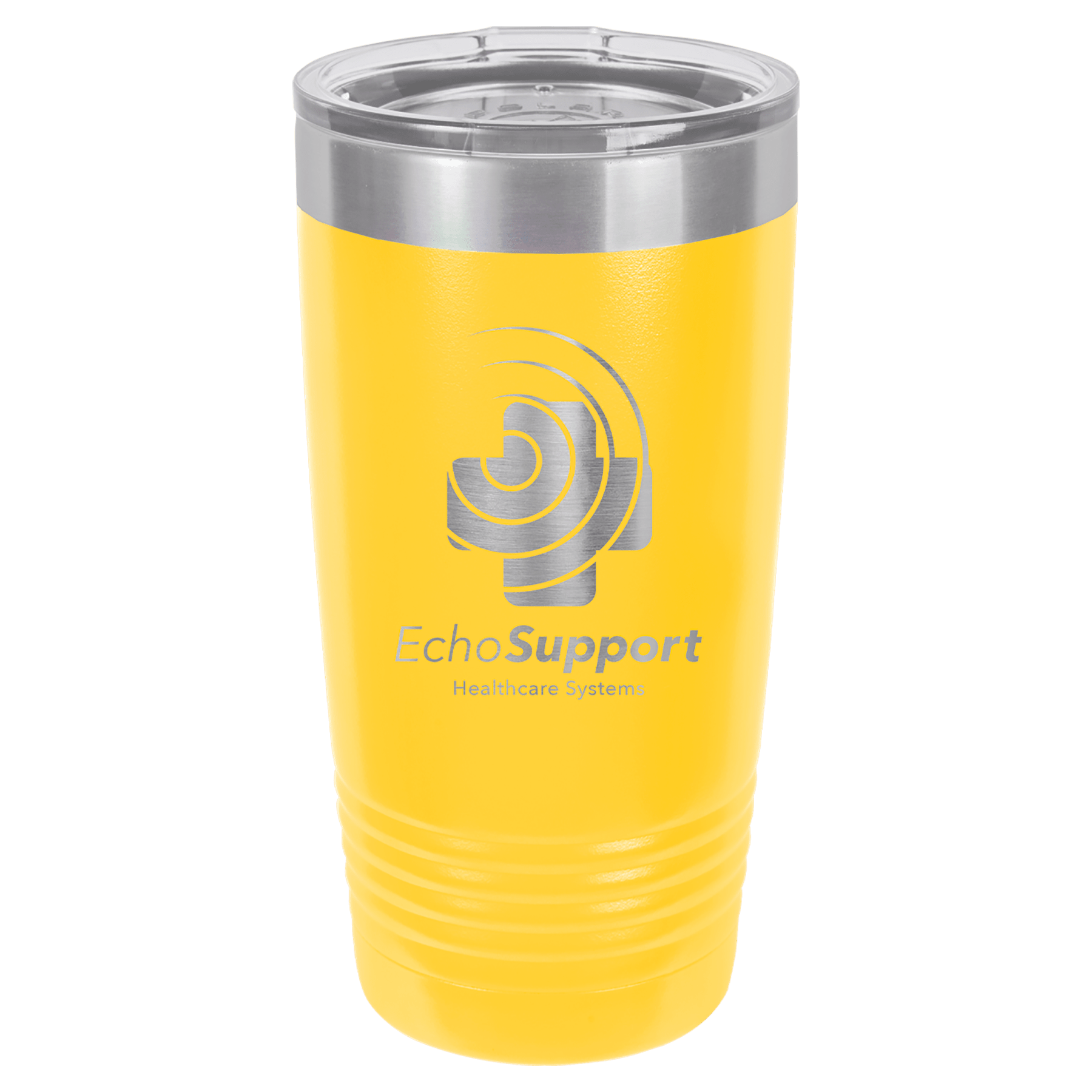 Yellow 20 oz. stainless steel vacuum insulated tumbler with clear lid and "EchoSupport" logo.