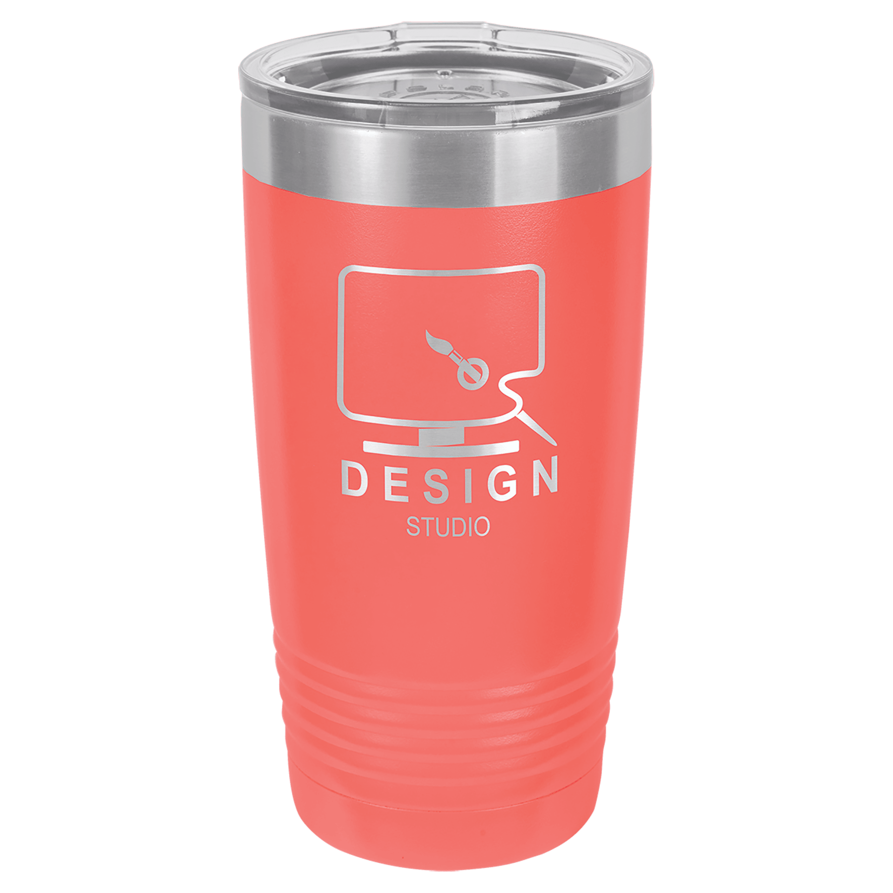 Coral 20 oz. stainless steel vacuum insulated Ringneck Tumbler with clear lid and custom "Design Studio" logo.