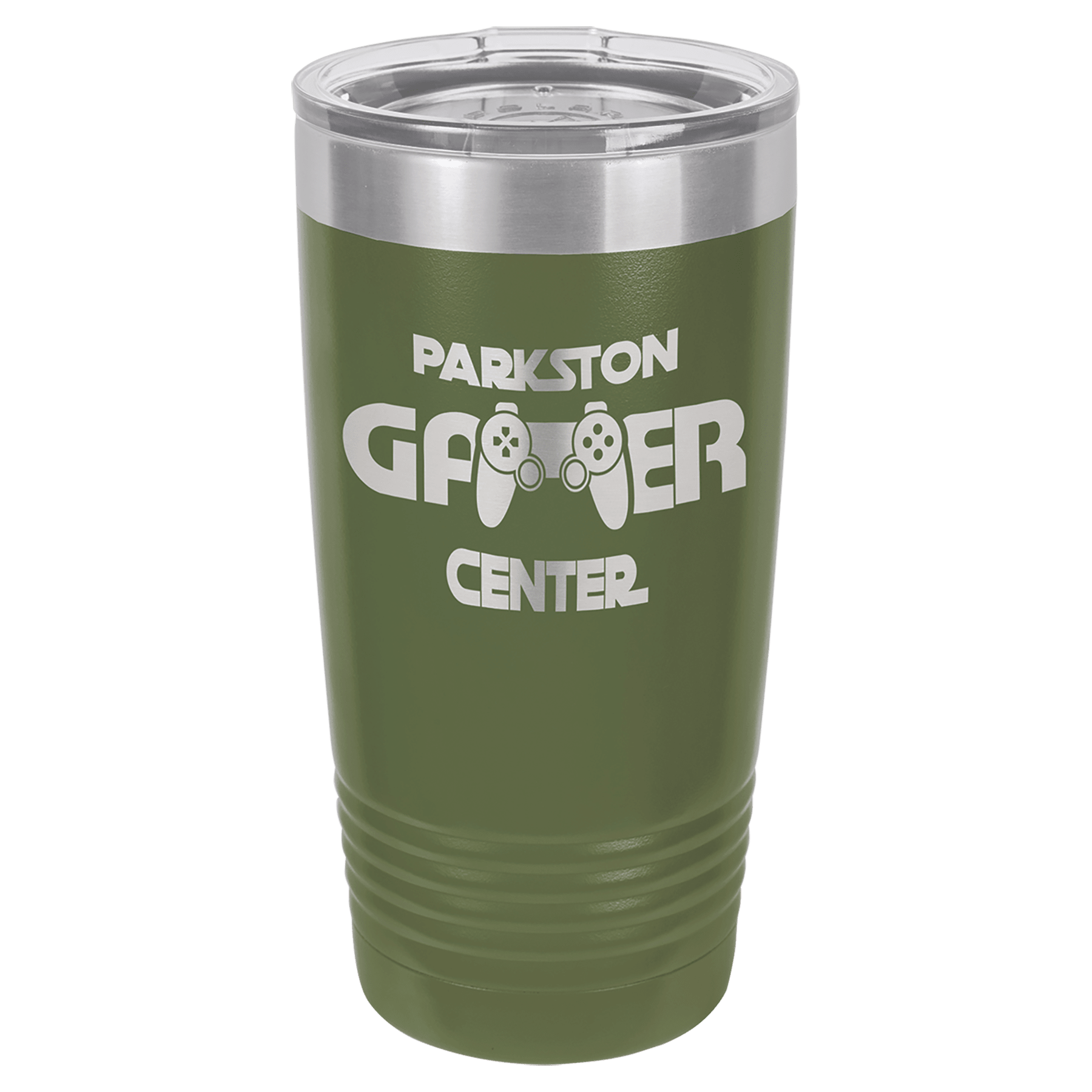 Olive green 20 oz. stainless steel vacuum insulated Ringneck Tumbler with a clear lid and "PARKSTON GAMER CENTER" logo.