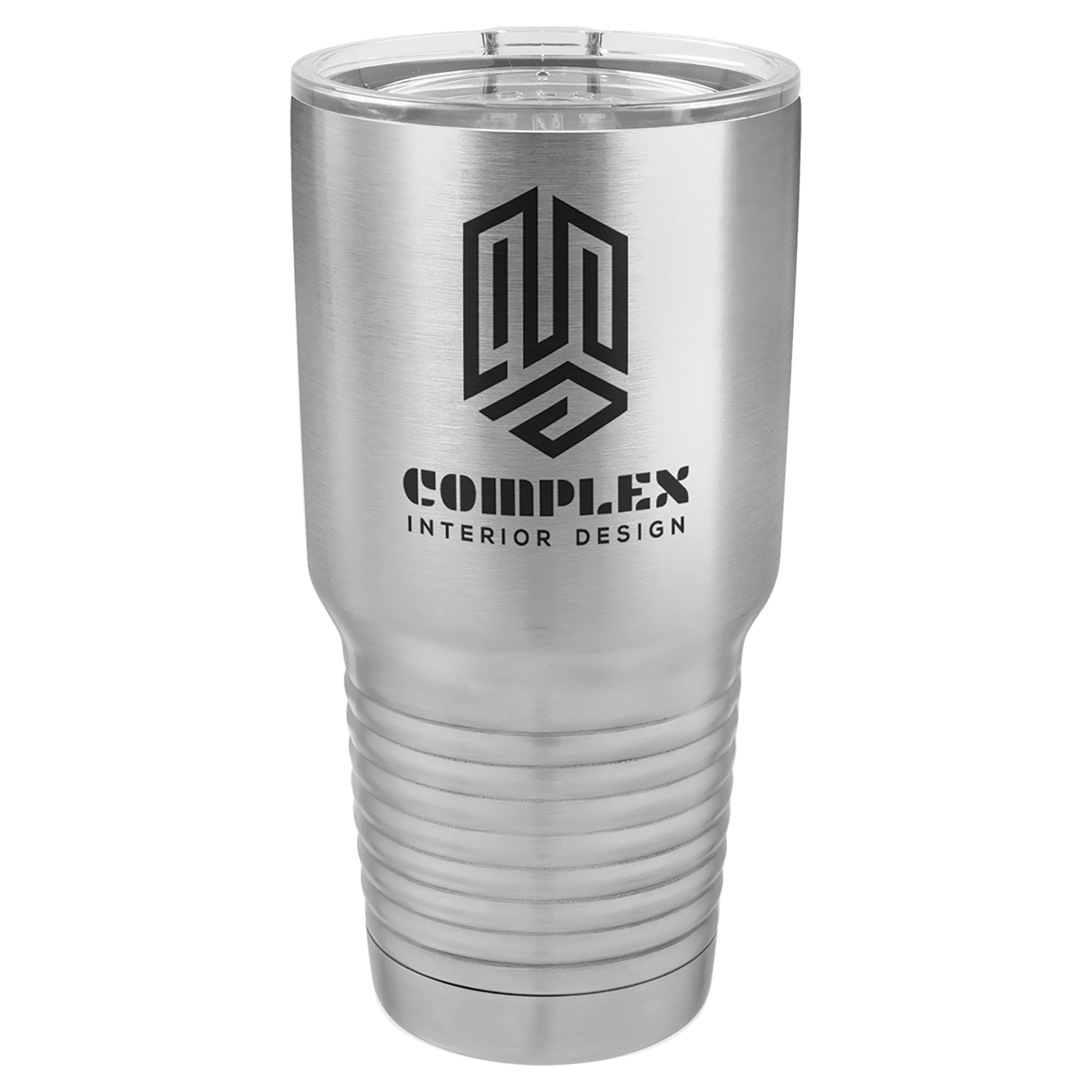 30 oz. silver stainless steel vacuum insulated tumbler with clear lid and "Complex Interior Design" logo.