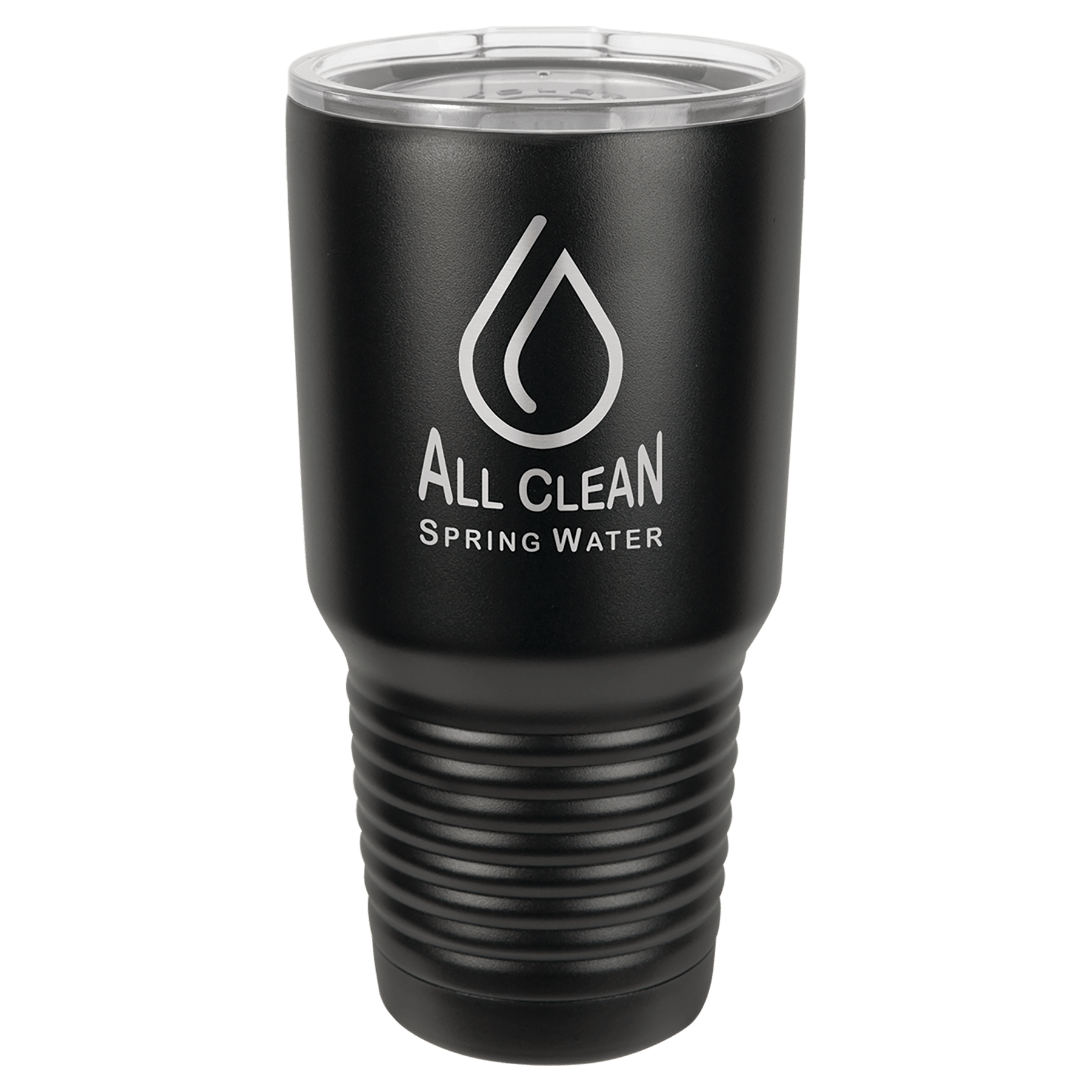 Black 30 oz. stainless steel vacuum insulated tumbler with clear lid and "All Clean Spring Water" logo.
