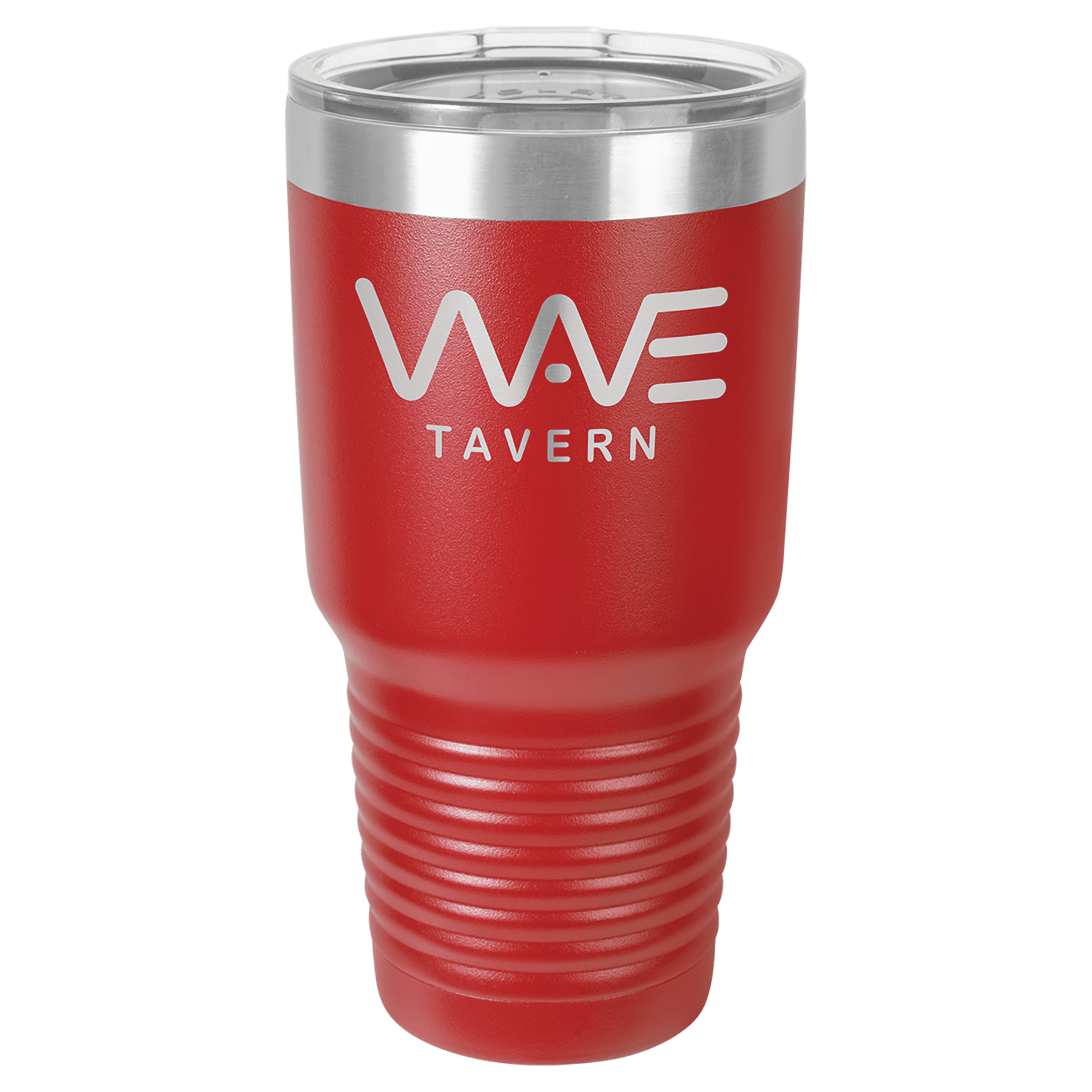 Red 30 oz. stainless steel vacuum insulated tumbler with clear lid and "WWE TAVERN" logo.