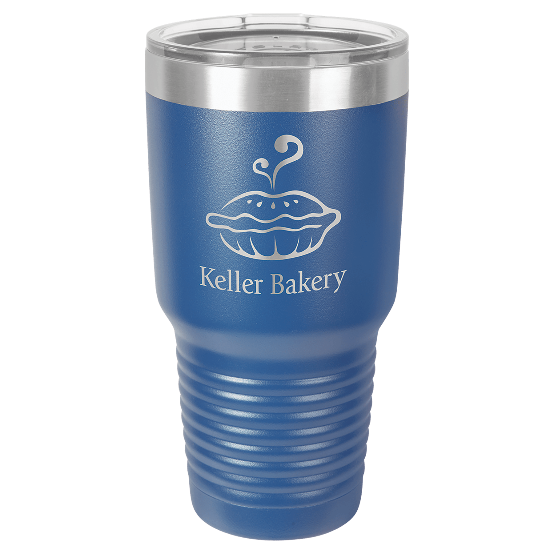 Blue 30 oz. stainless steel vacuum insulated tumbler with clear lid and "Keller Bakery" pie logo.