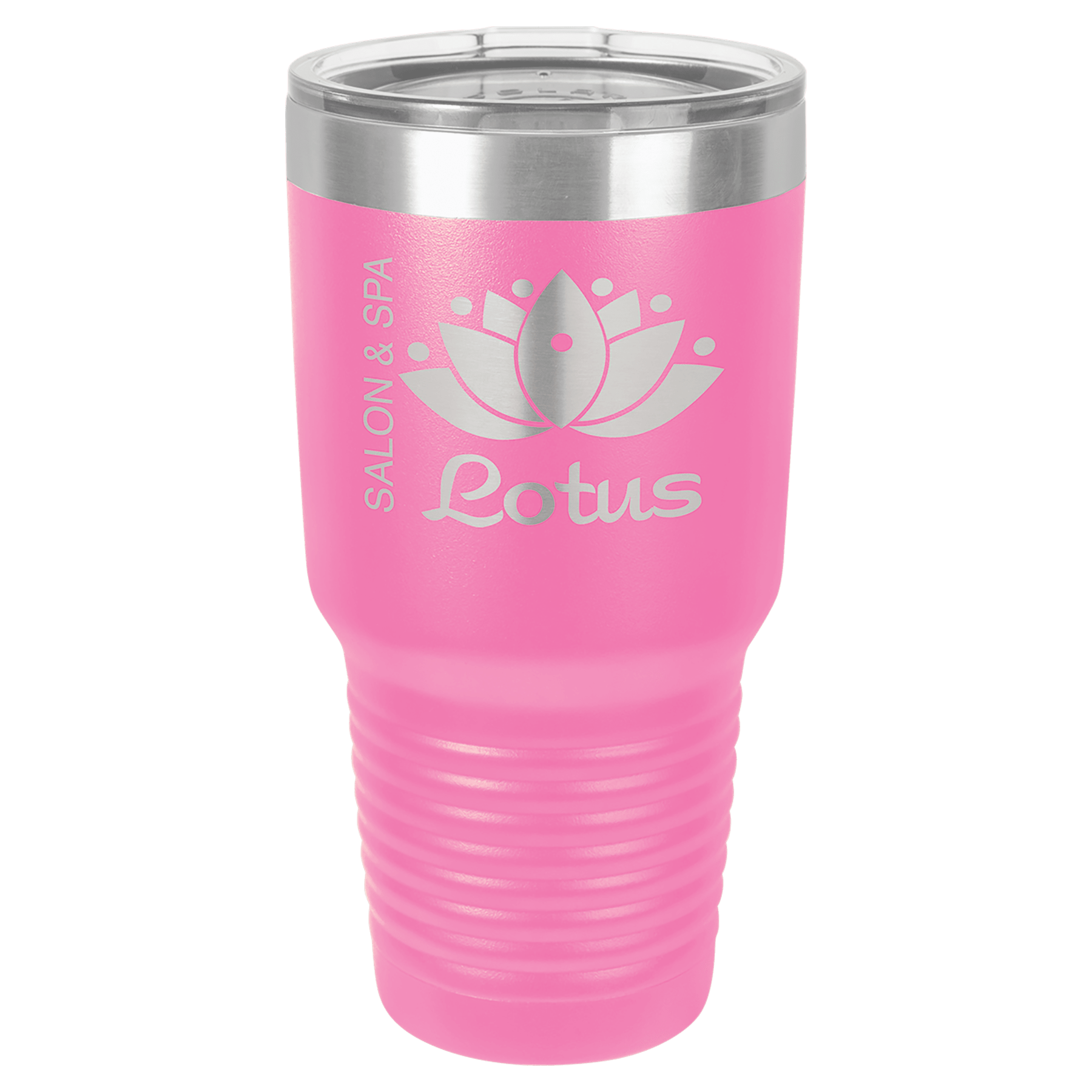 Pink 30 oz. stainless steel vacuum insulated tumbler with clear lid and custom "Lotus Salon & Spa" logo.