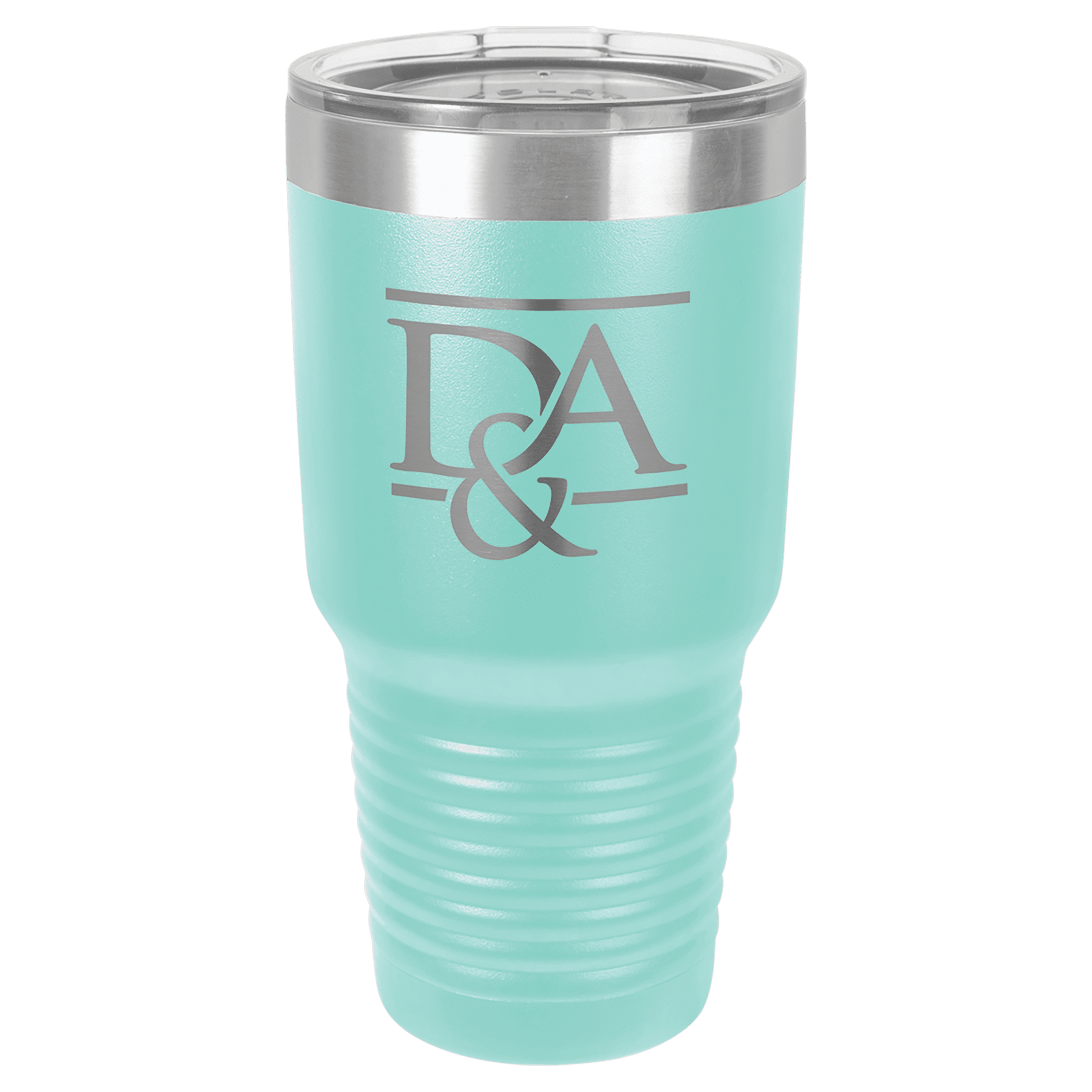 30 oz. mint stainless steel vacuum insulated tumbler with clear lid and custom "DA &" logo.