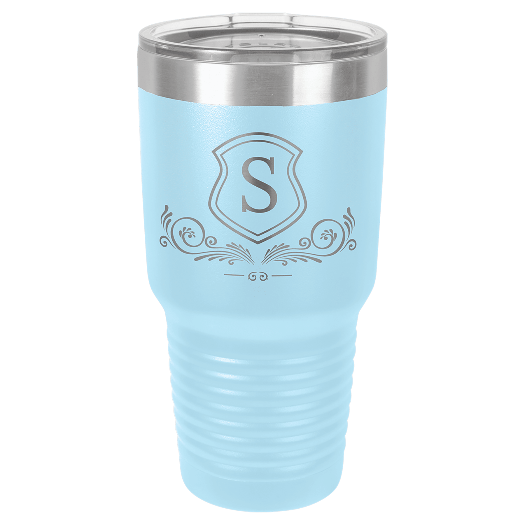 Light blue 30 oz. stainless steel tumbler with clear lid and custom "S" shield design.