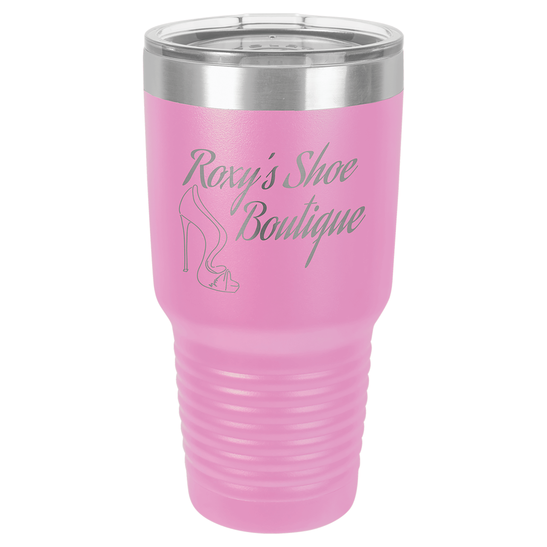 Pink 30 oz. stainless steel vacuum insulated tumbler with clear lid and "Roxy's Shoe Boutique" logo.