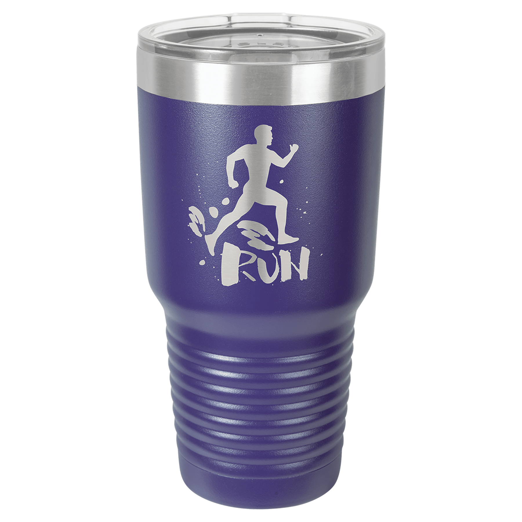 Purple 30 oz. stainless steel tumbler with a clear lid and "RUN" design.