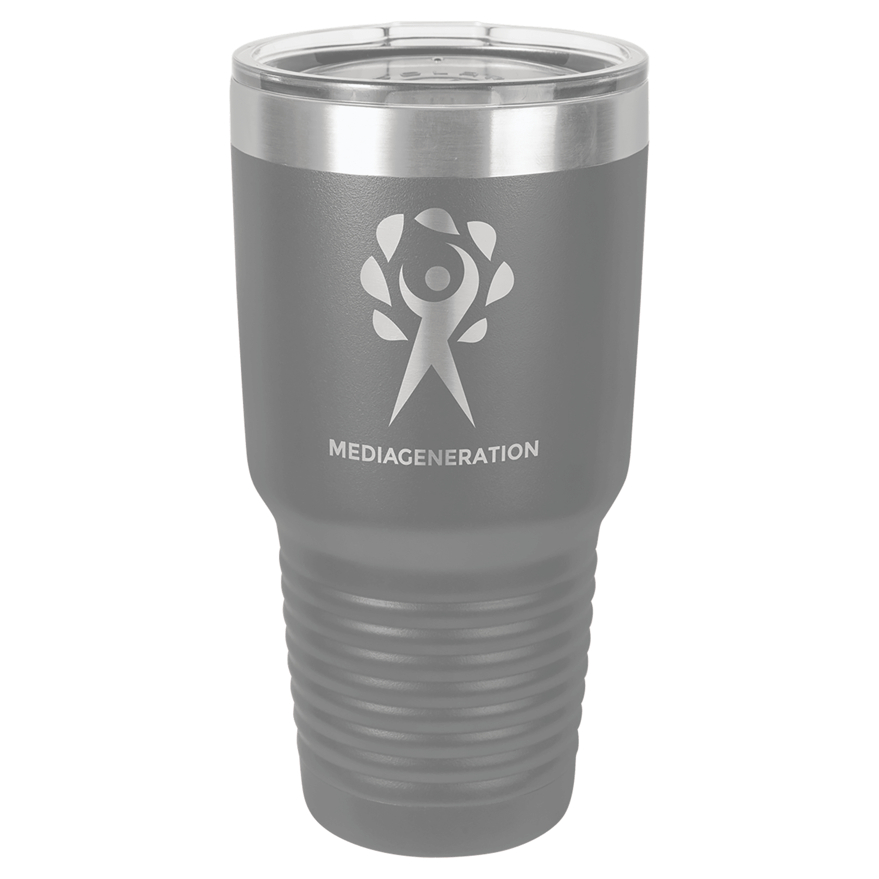 Gray 30 oz. stainless steel vacuum insulated tumbler with clear lid and "MEDIAGENERATION" logo.