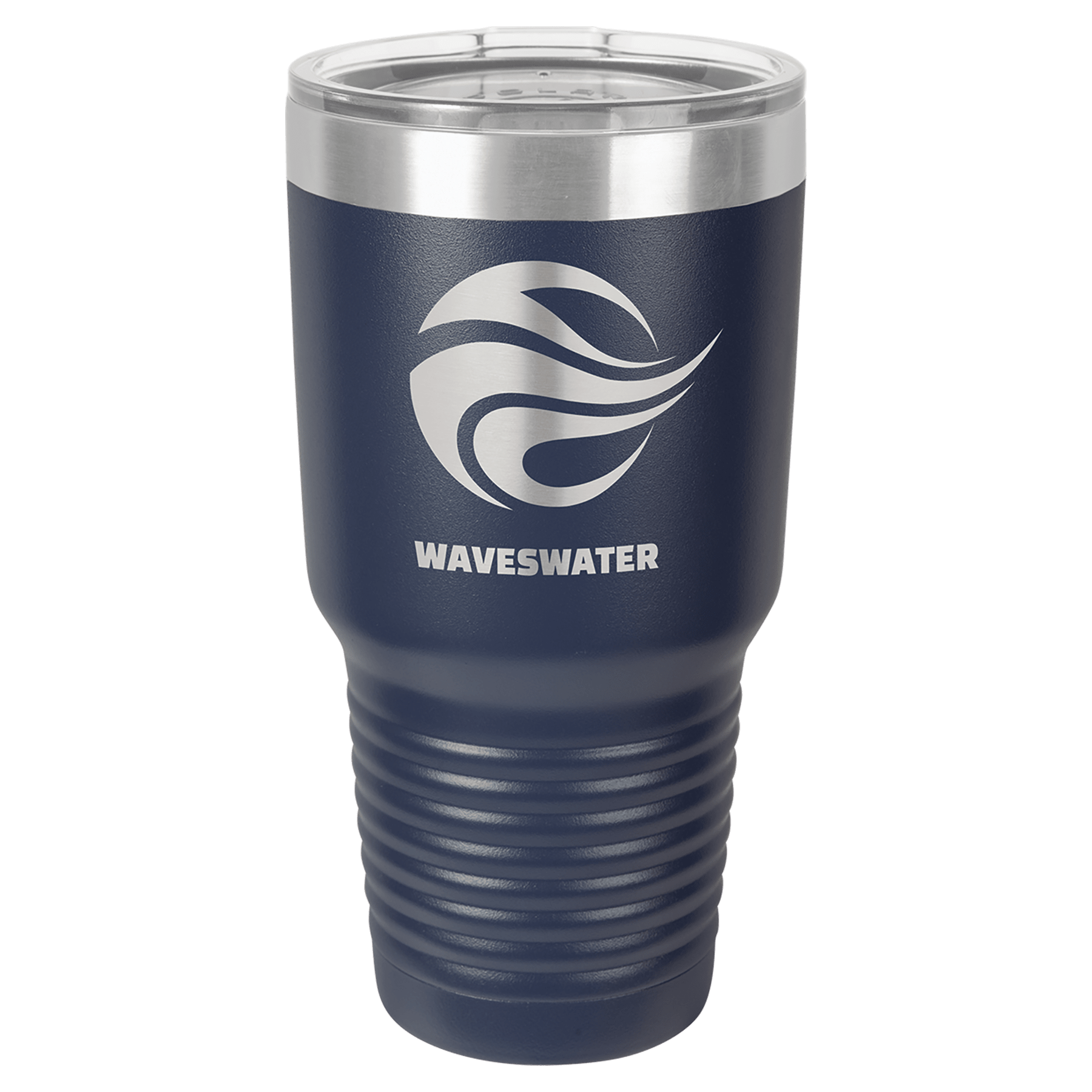 Navy blue 30 oz. stainless steel vacuum insulated tumbler with clear lid and "WAVESWATER" logo.
