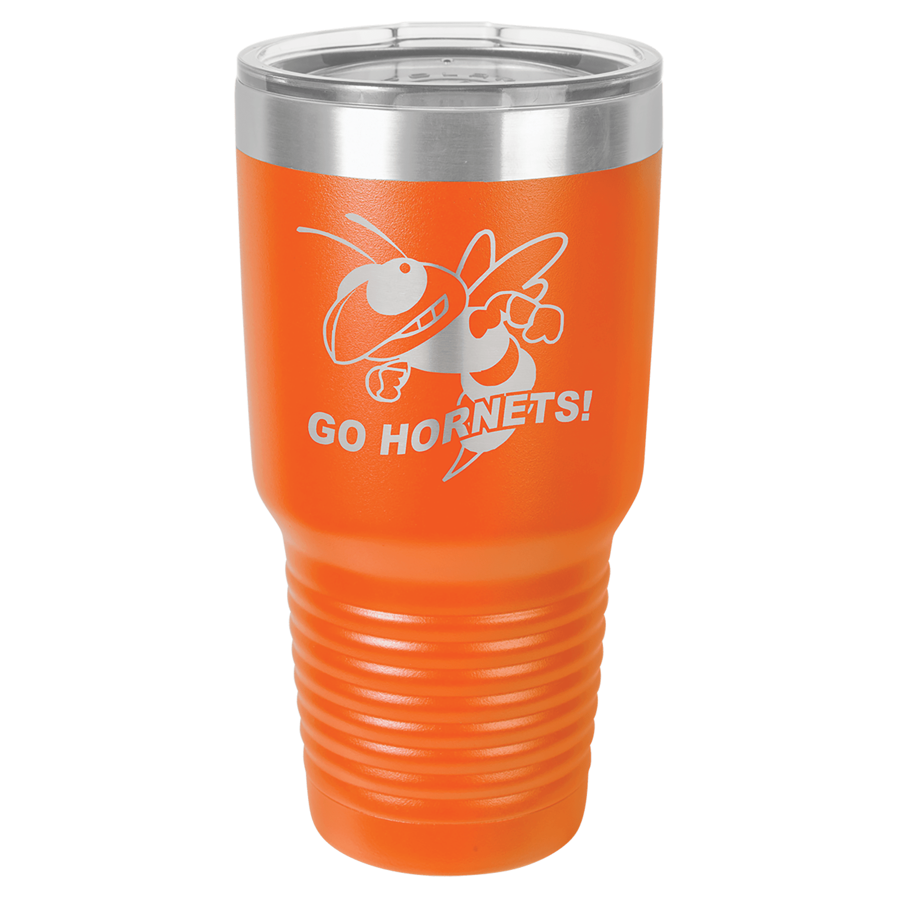 Orange 30 oz. stainless steel vacuum insulated tumbler with clear lid and "Go Hornets!" bee logo.