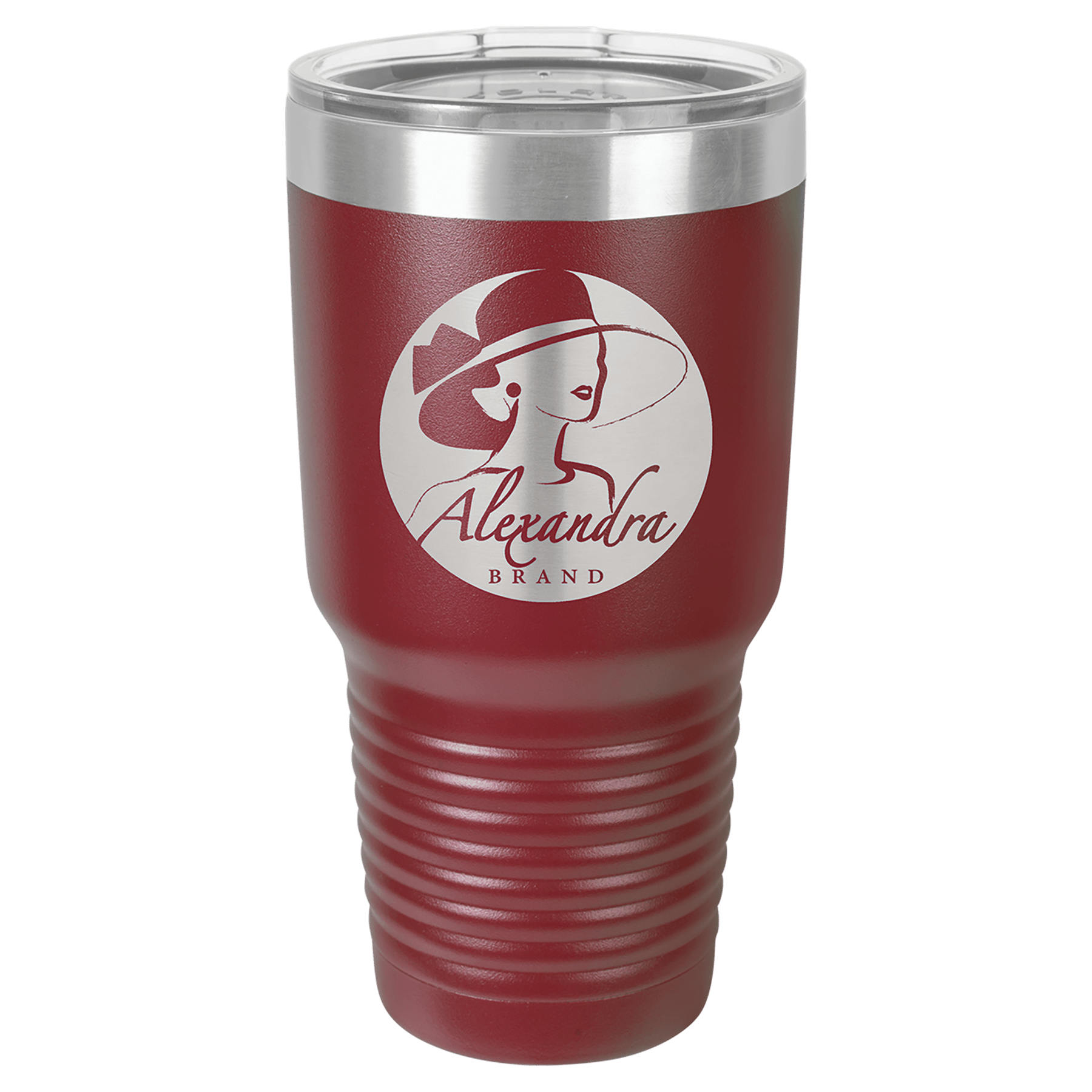30 oz. maroon stainless steel vacuum insulated tumbler with clear lid and custom Alexandra Brand logo.
