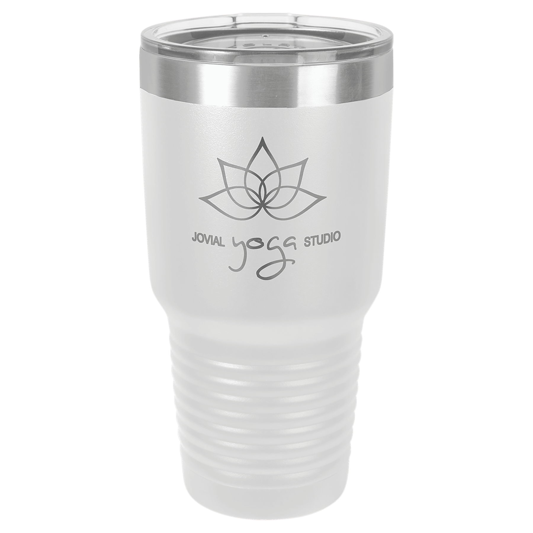 White 30 oz. stainless steel vacuum insulated tumbler with clear lid and "Jovial Yoga Studio" logo.