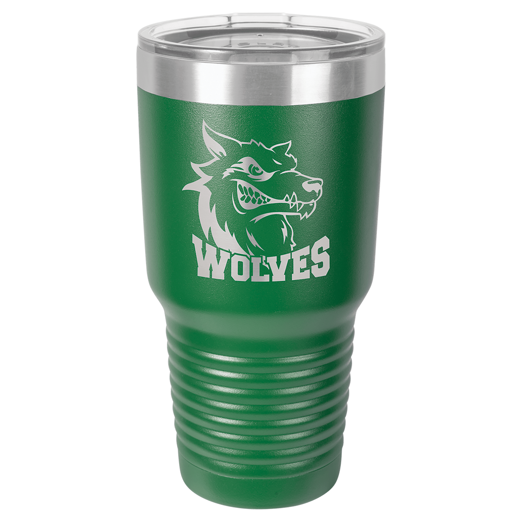 Green 30 oz. stainless steel ringneck tumbler with "Wolves" logo and clear lid.