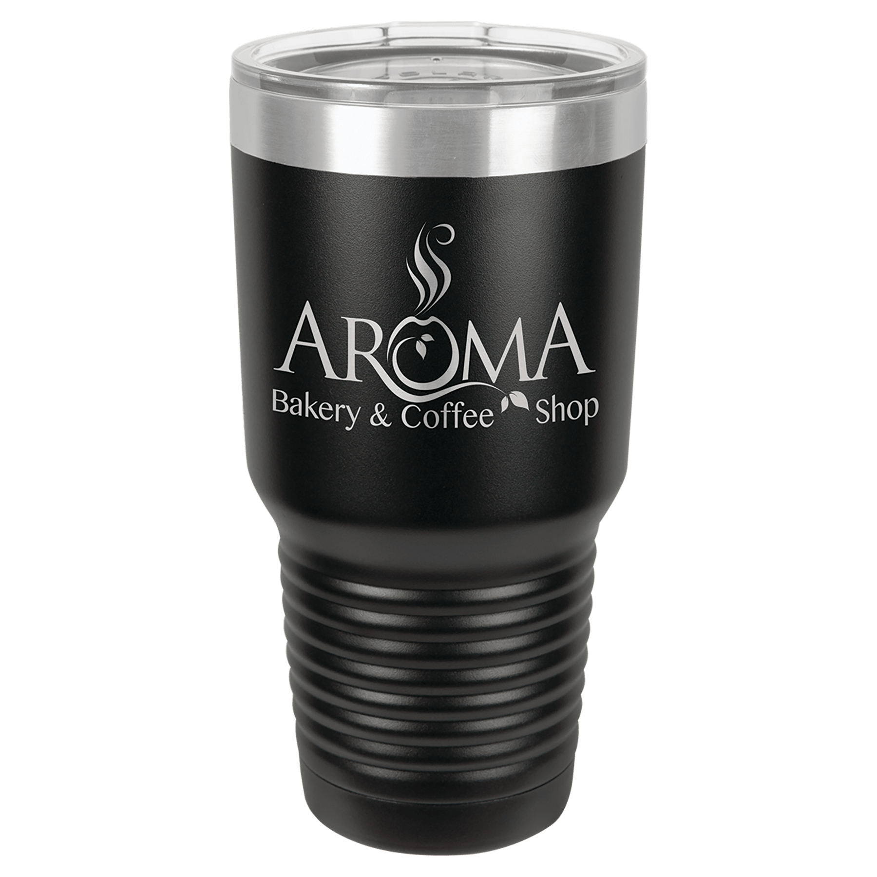 Black 30 oz. stainless steel vacuum insulated tumbler with clear lid and "Aroma Bakery & Coffee Shop" logo.