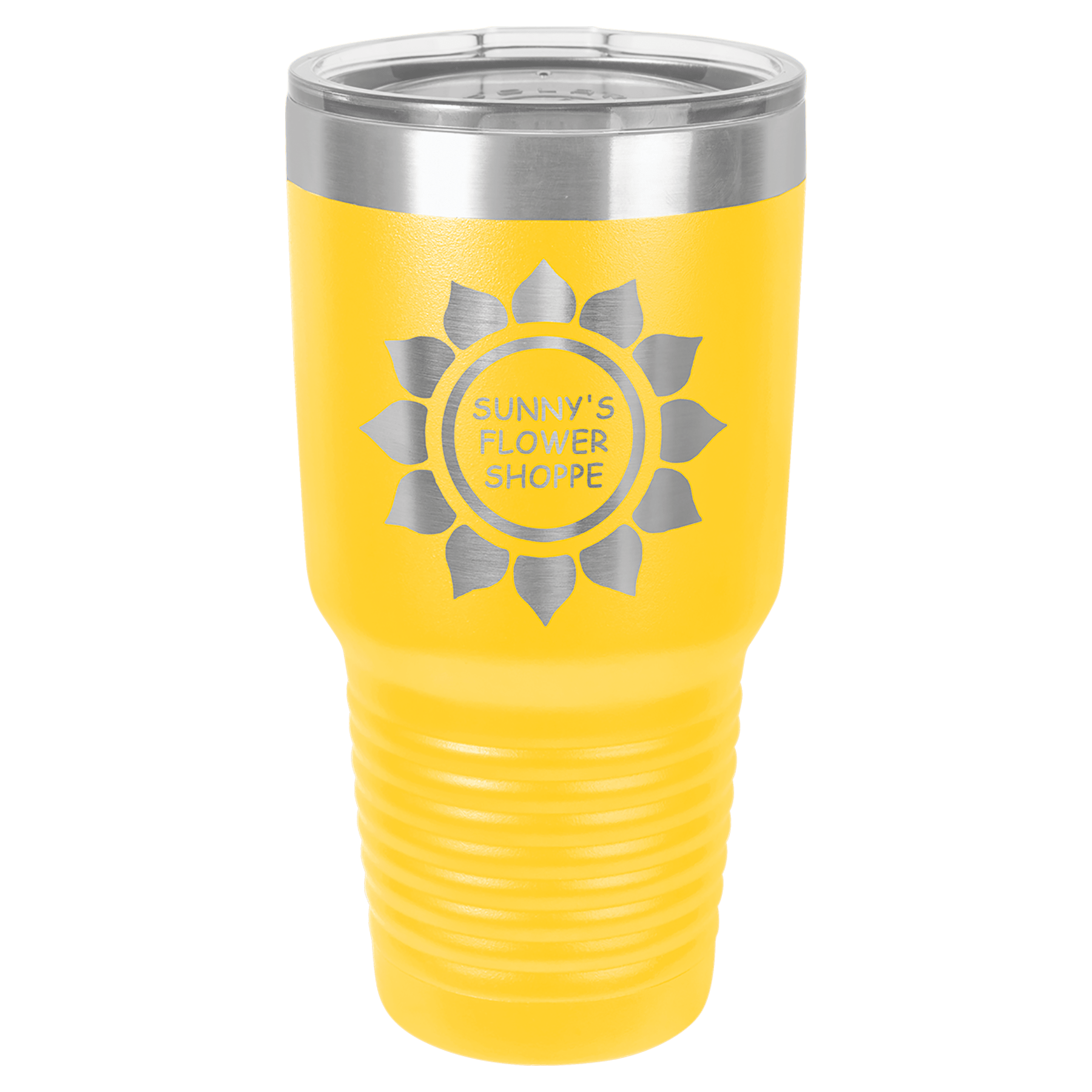 Yellow 30 oz. stainless steel vacuum insulated tumbler with clear lid and "Sunny's Flower Shoppe" sunflower logo.