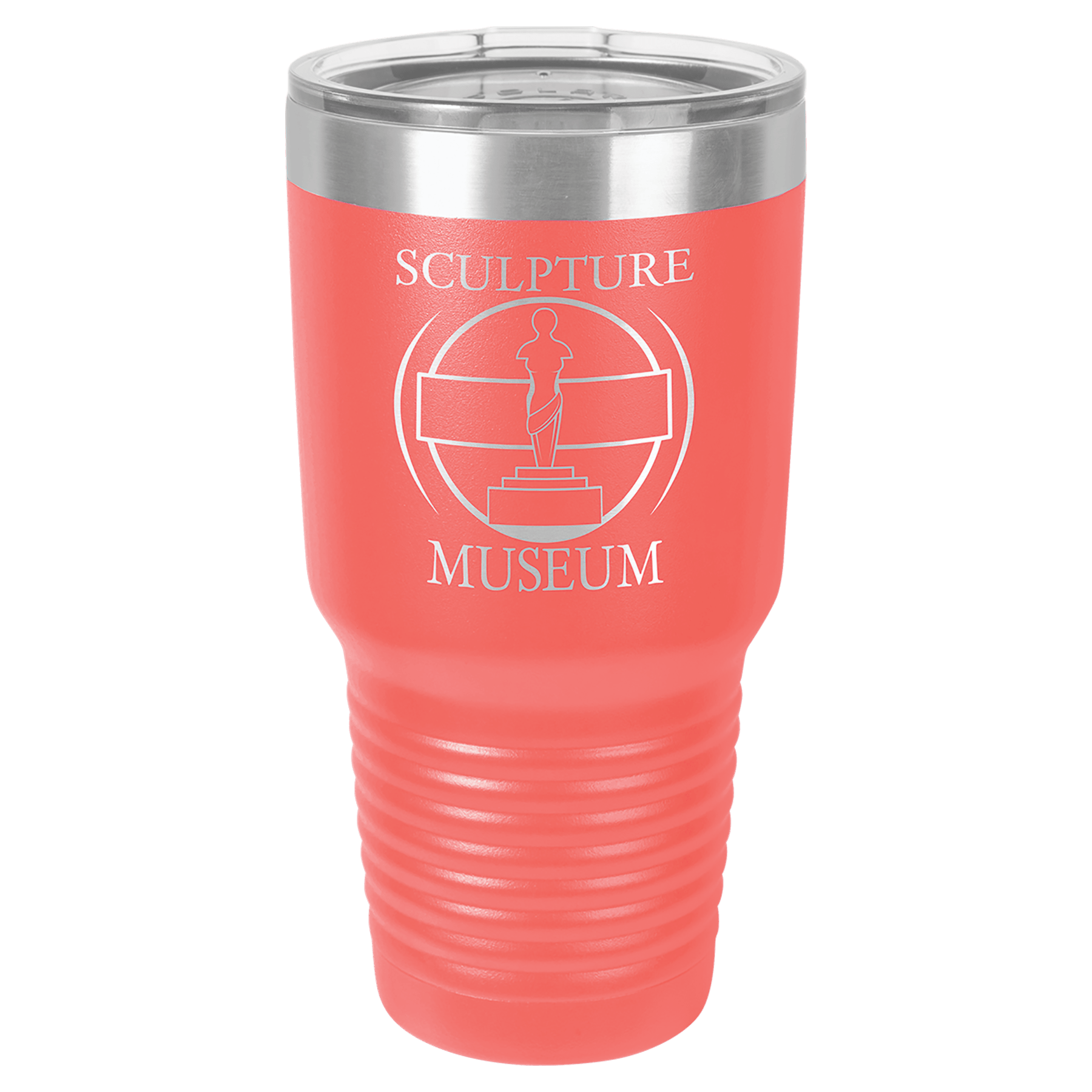 Coral 30 oz. stainless steel vacuum insulated tumbler with clear lid and "Sculpture Museum" logo.