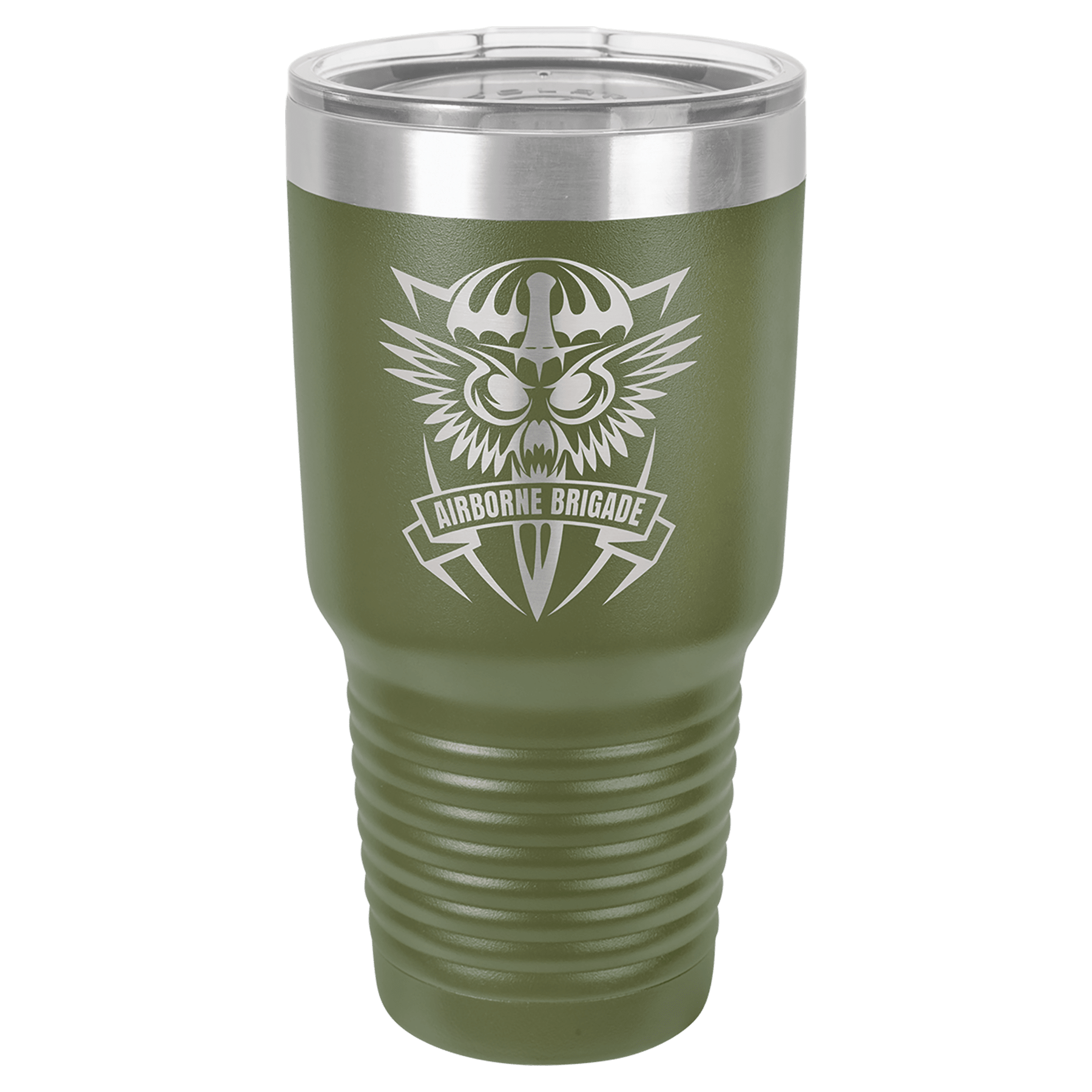 Olive green 30 oz. stainless steel tumbler with "Airborne Brigade" logo and clear lid.