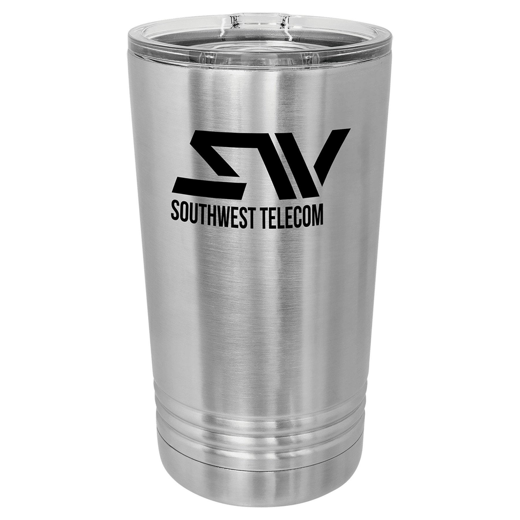 Silver 16 oz. stainless steel pint with clear slider lid and "Southwest Telecom" logo.