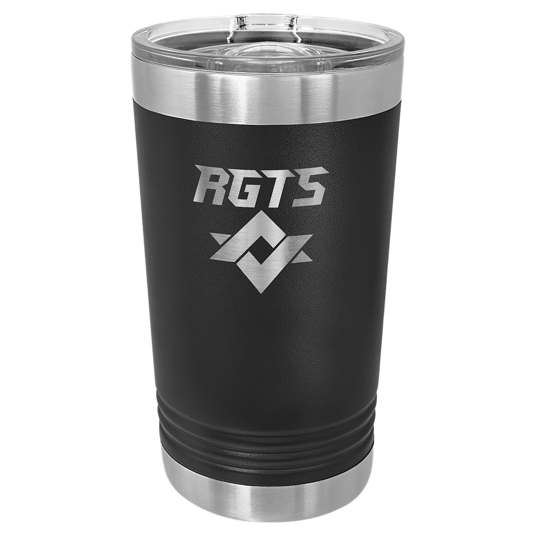 Black 16 oz. stainless steel pint with clear slider lid and "RGTS" logo.