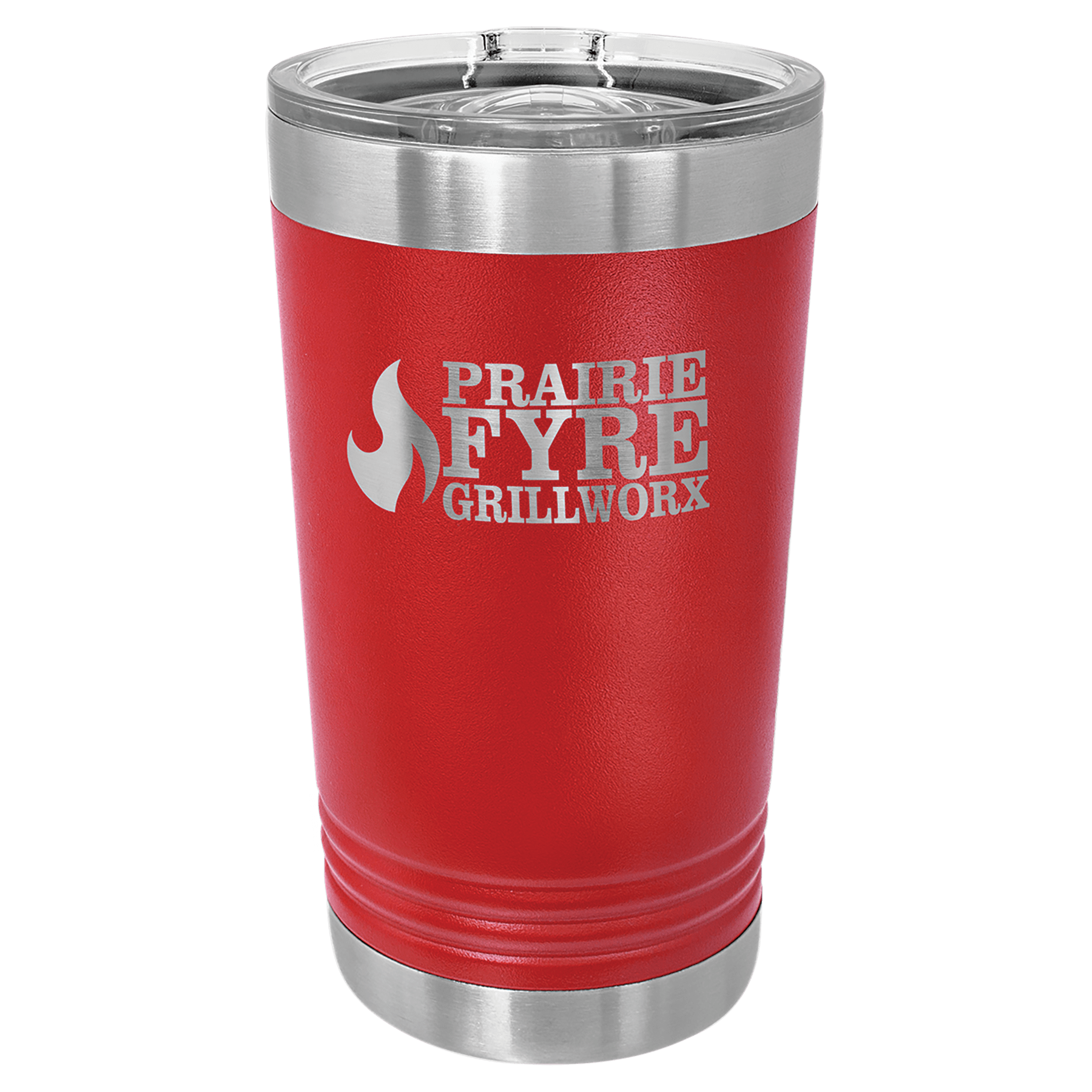 Red 16 oz. stainless steel pint with clear slider lid and "Prairie Fyreworx" logo.