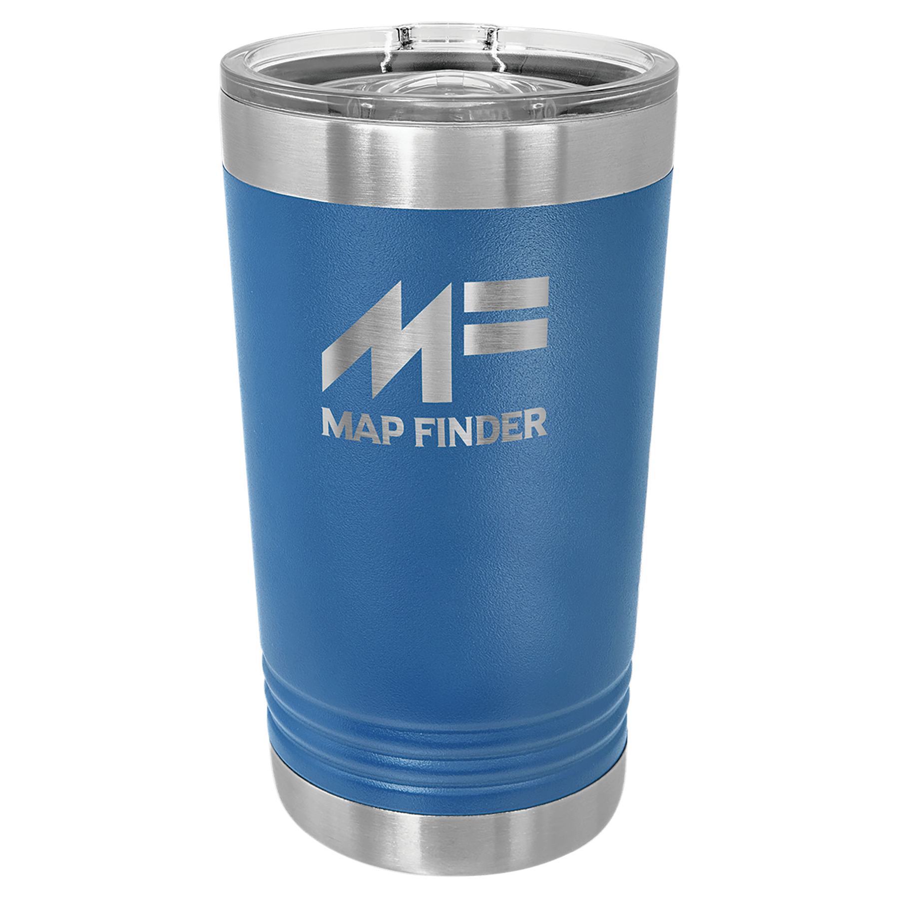 Blue 16 oz. stainless steel pint with clear slider lid and "MAP FINDER" logo.
