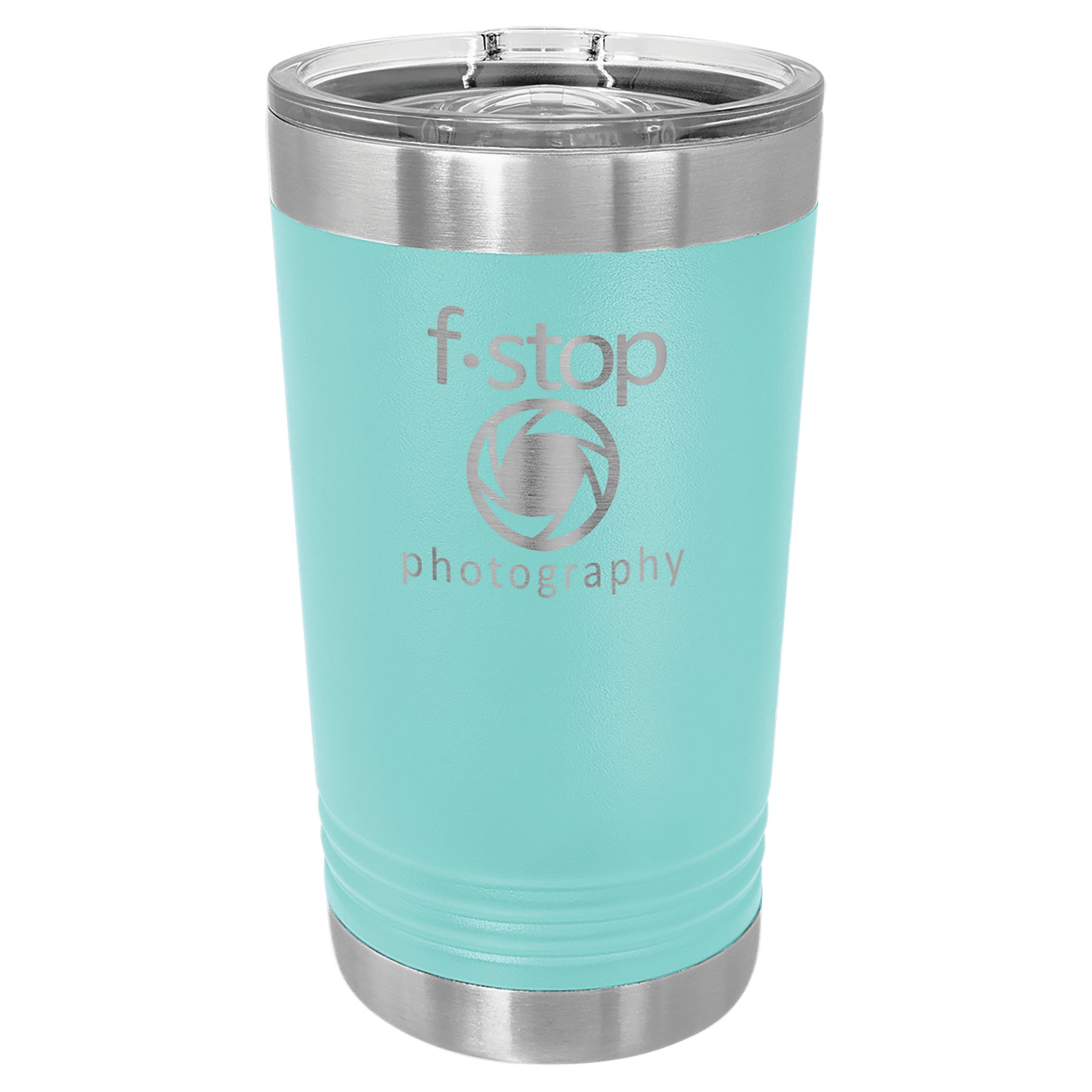Aqua 16 oz. stainless steel pint with clear slider lid and "f-stop photography" logo.