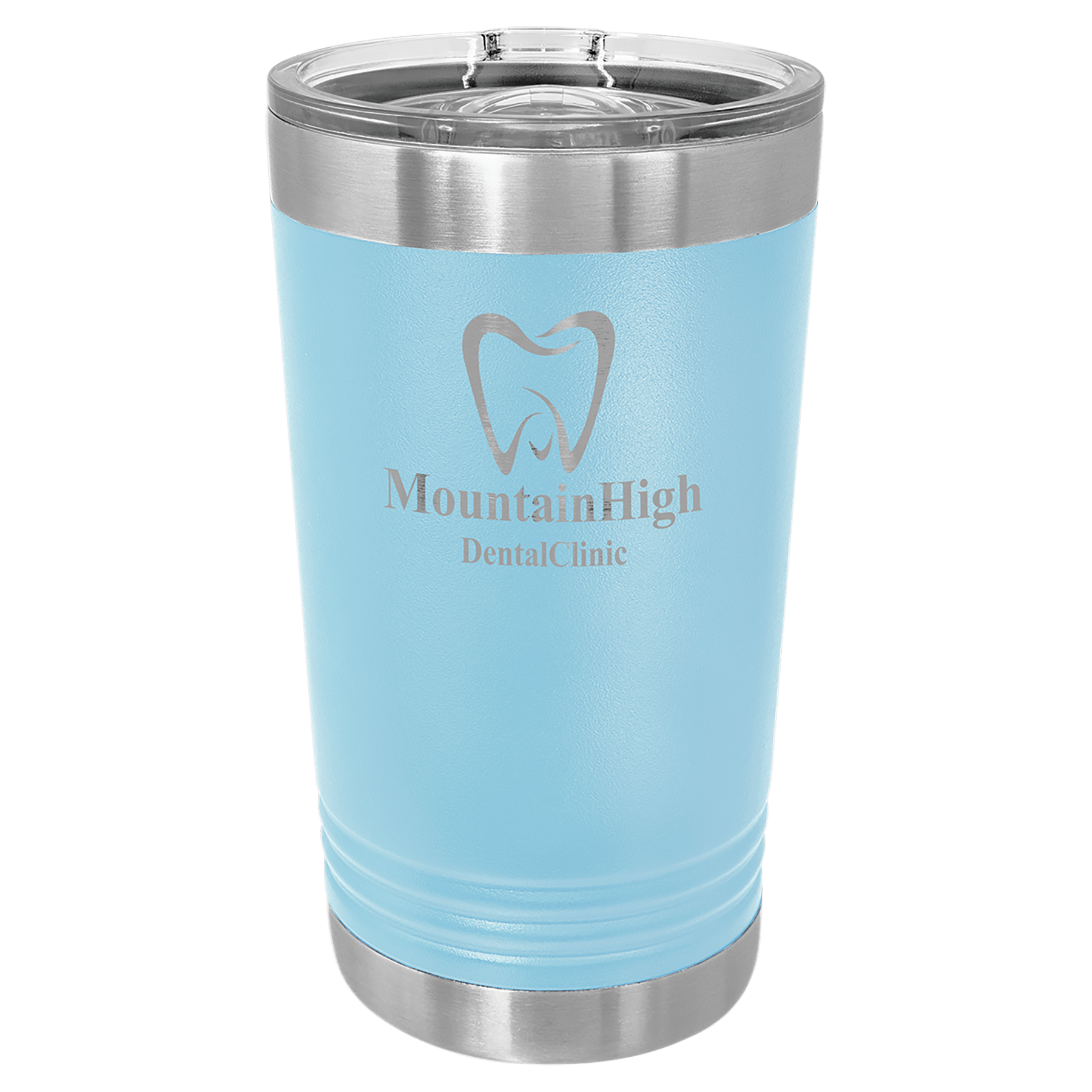 Light blue 16 oz. stainless steel pint with clear slider lid and "MountainHigh DentalClinic" logo.