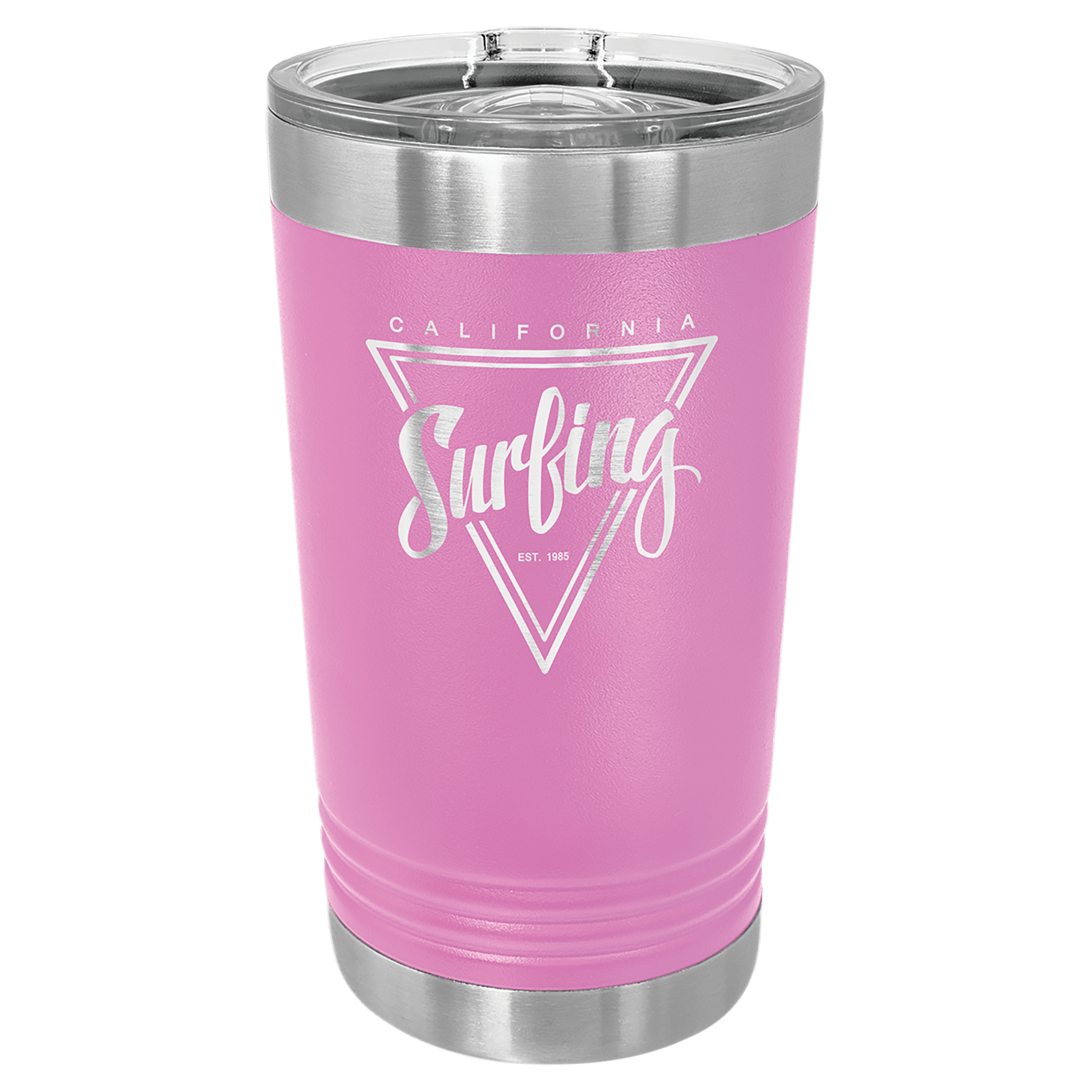 Pink 16 oz. stainless steel pint with "California Surfing" design and clear slider lid.